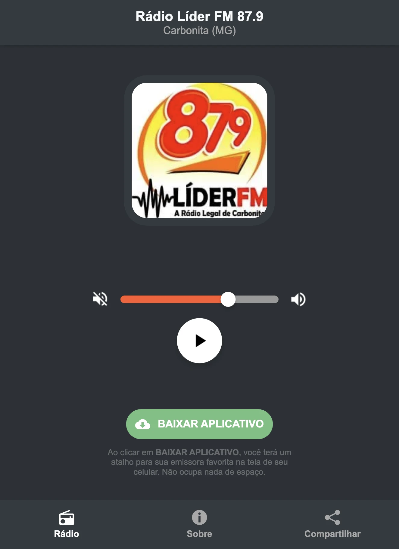 Screenshot do aplicativo da Rádio Líder FM 87.9