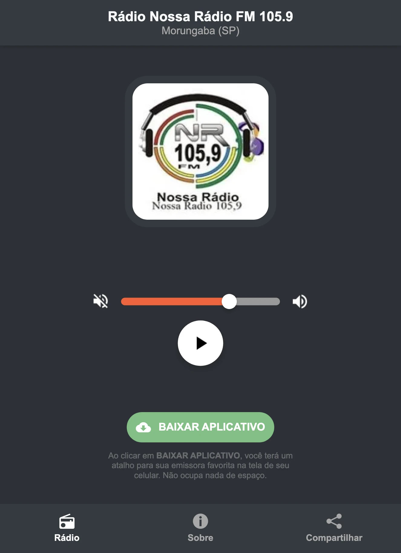 Screenshot do aplicativo da Rádio Nossa Rádio FM 105.9