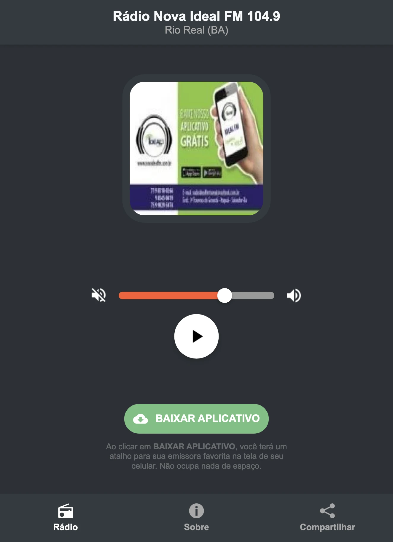 Screenshot do aplicativo da Rádio Nova Ideal FM 104.9