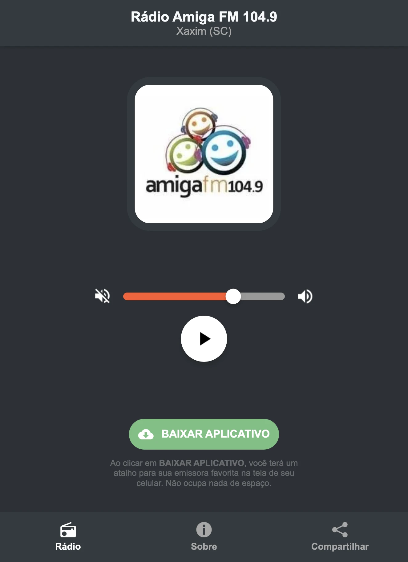 Screenshot do aplicativo da Rádio Amiga FM 104.9