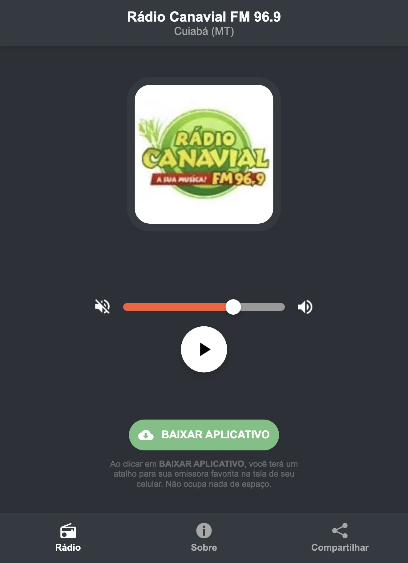 Screenshot do aplicativo da Rádio Canavial FM 96.9