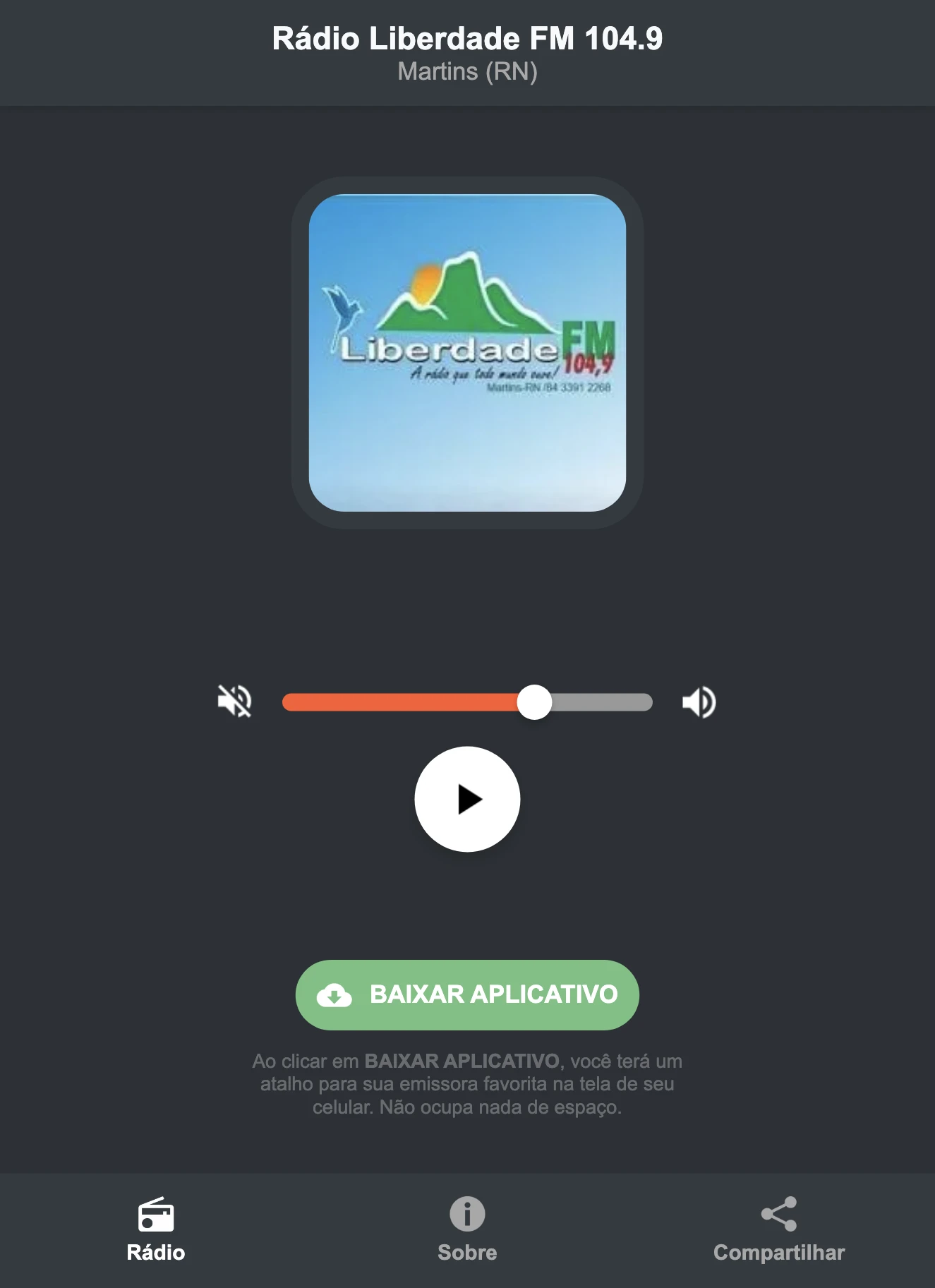 Screenshot do aplicativo da Rádio Liberdade FM 104.9