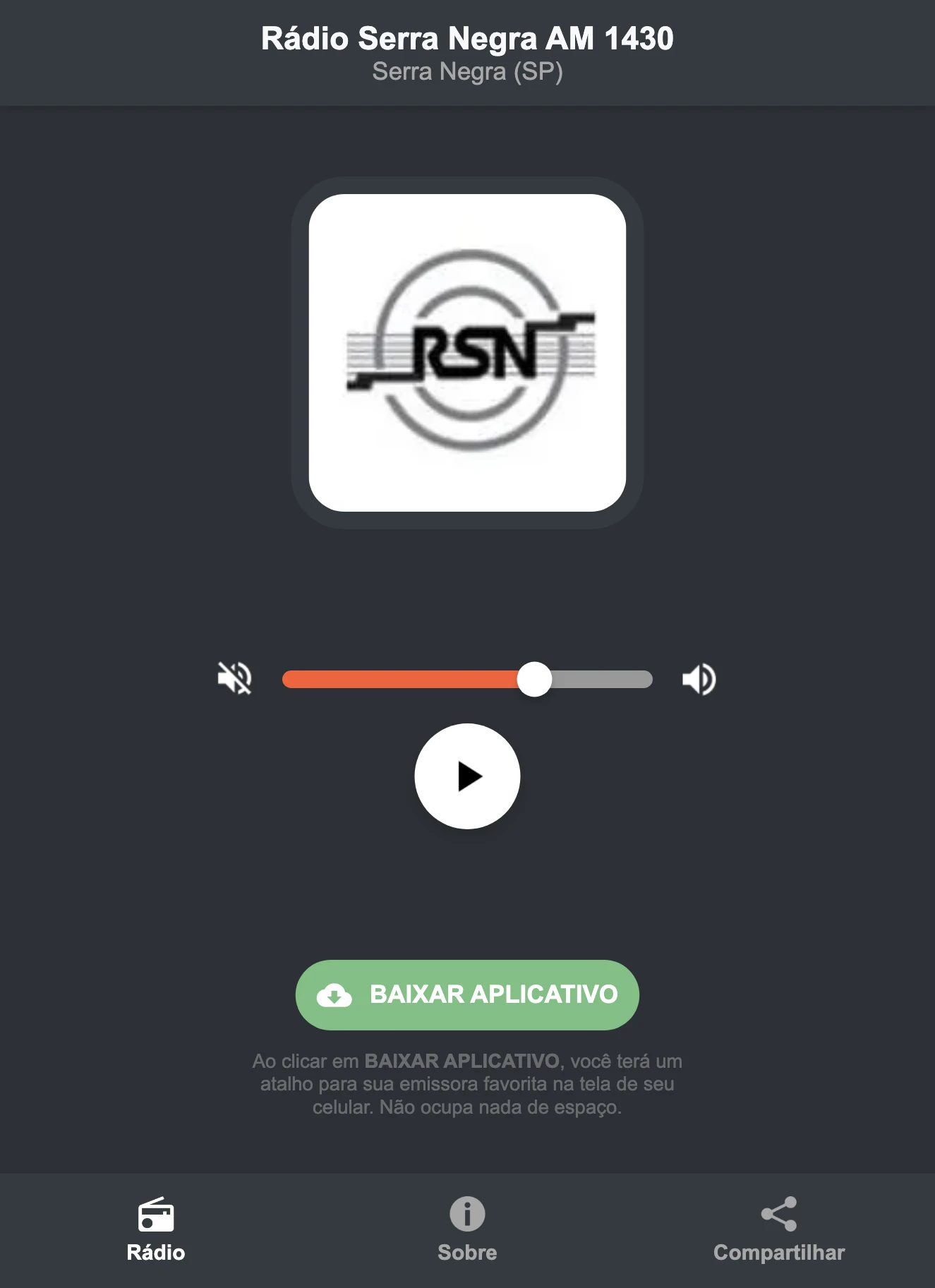 Screenshot do aplicativo da Rádio Serra Negra AM 1430
