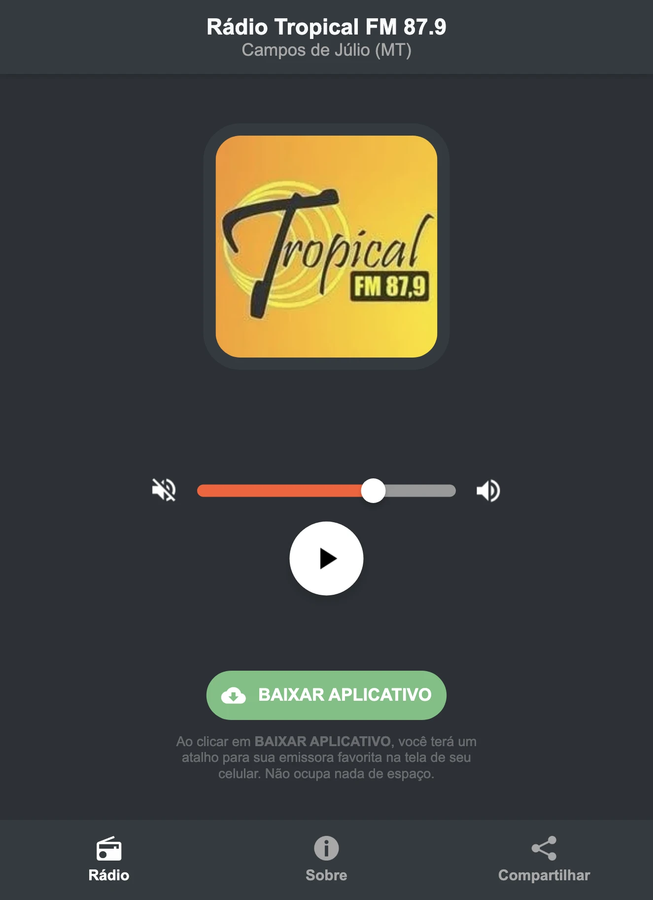 Screenshot do aplicativo da Rádio Tropical FM 87.9