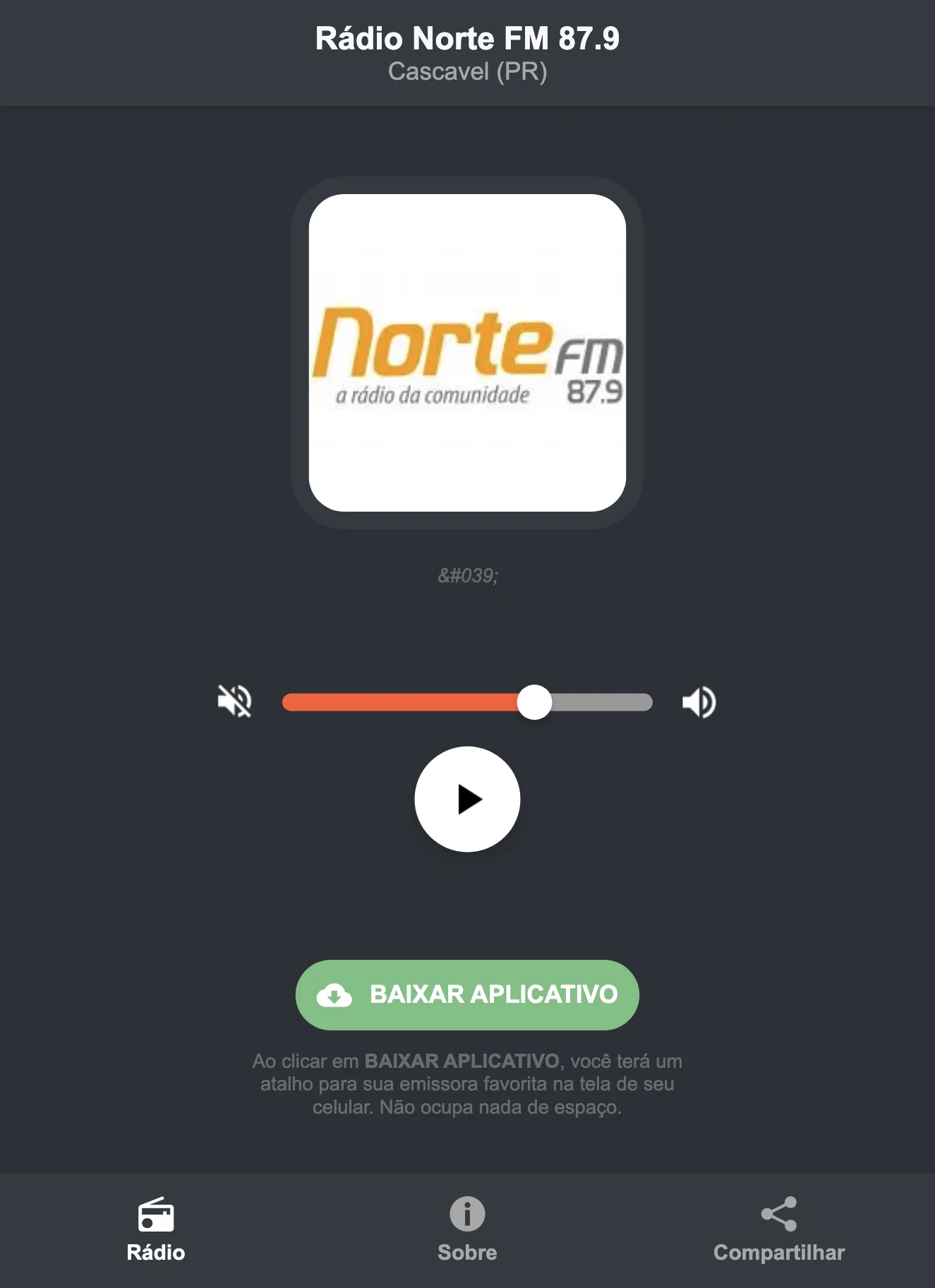 Screenshot do aplicativo da Rádio Norte FM 87.9