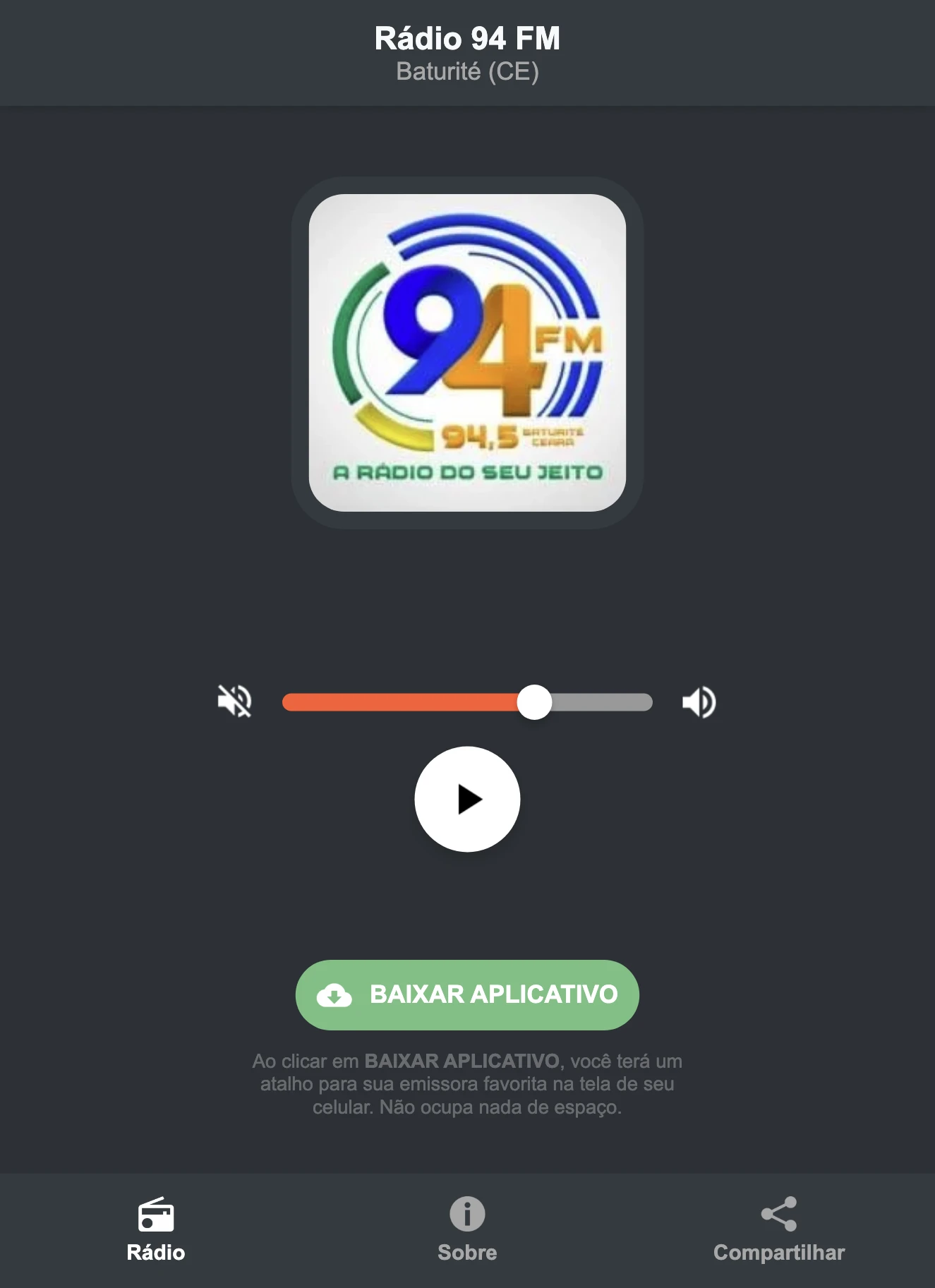 Screenshot do aplicativo da Rádio 94 FM