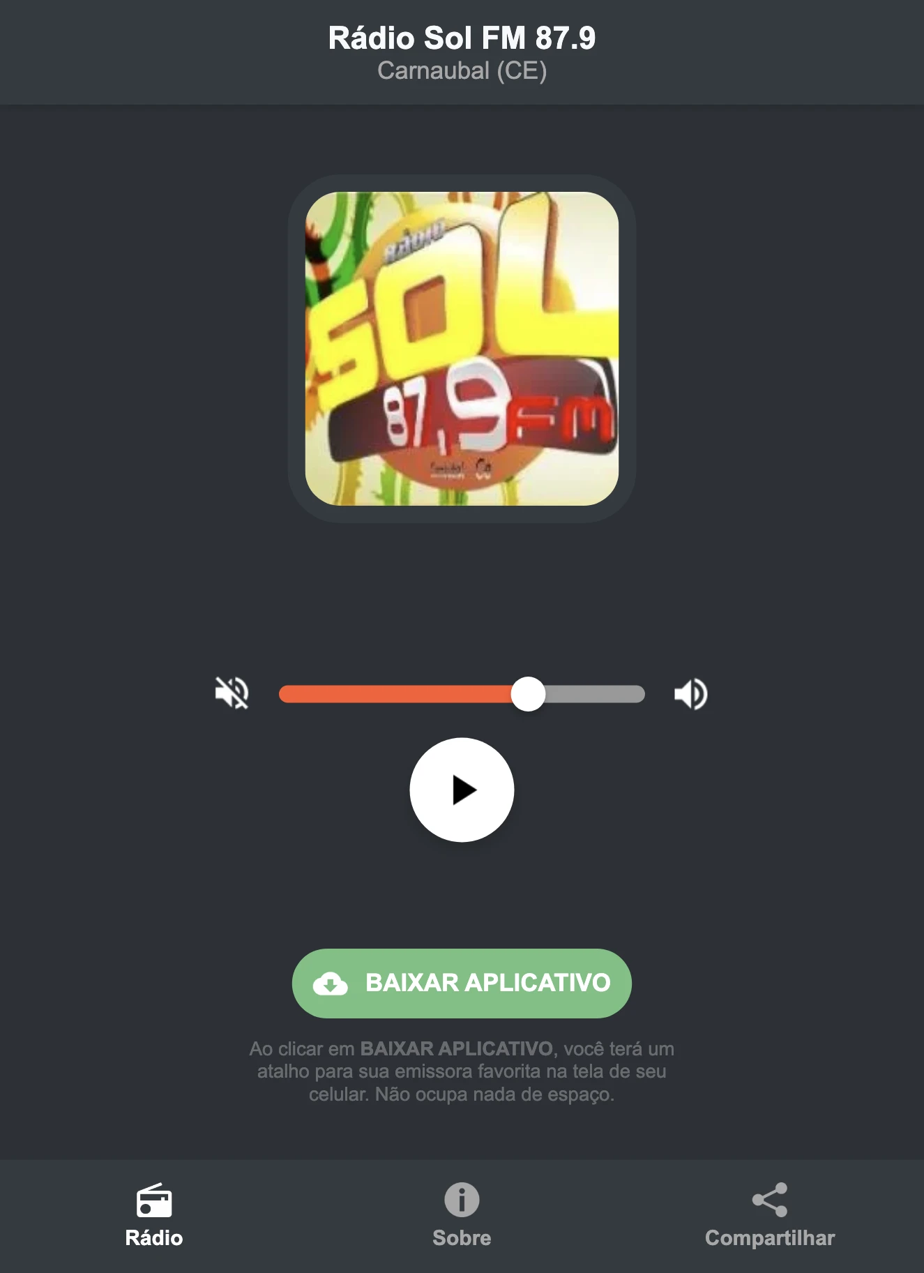 Screenshot do aplicativo da Rádio Sol FM 87.9