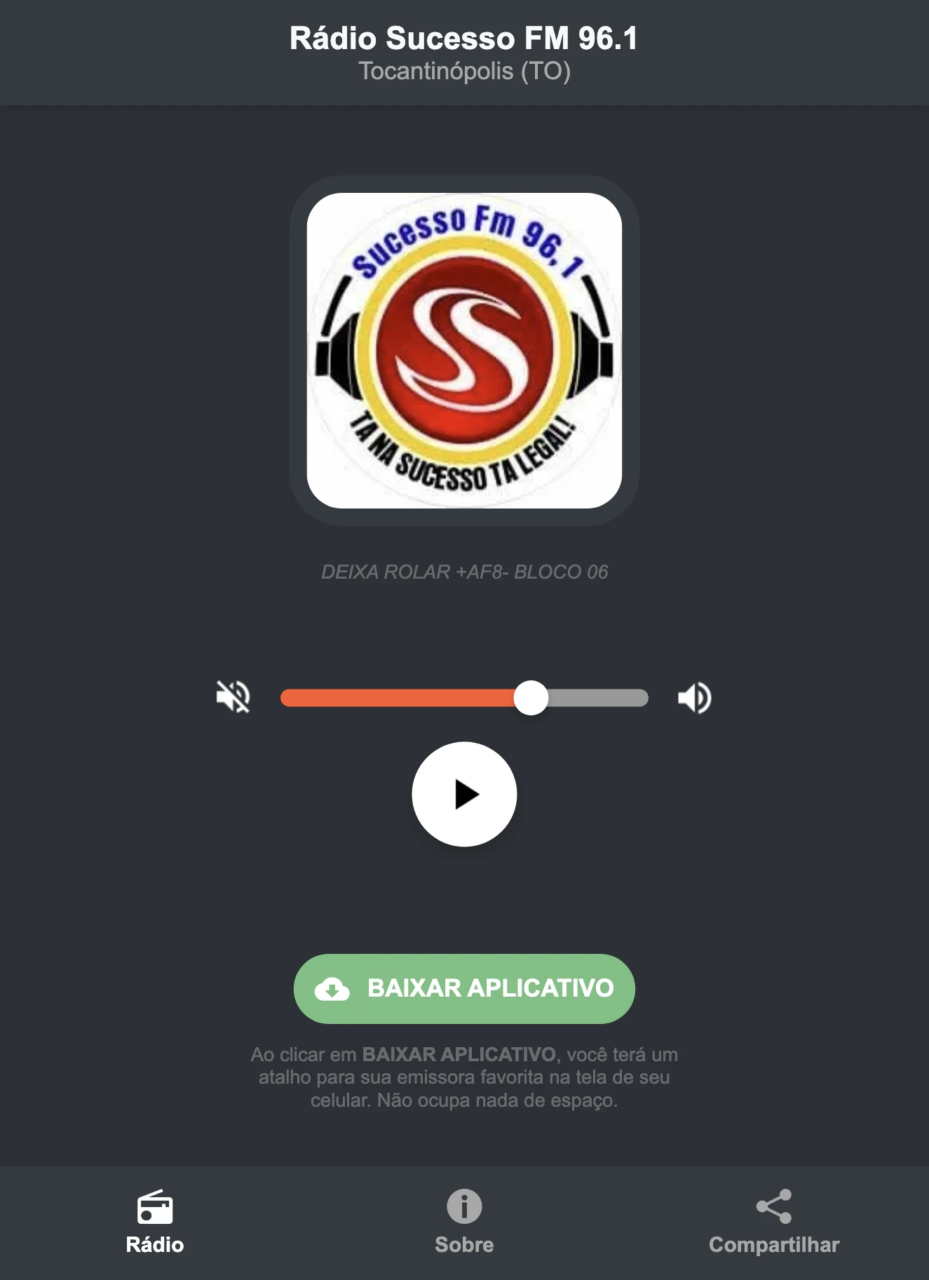 Screenshot do aplicativo da Rádio Sucesso FM 96.1