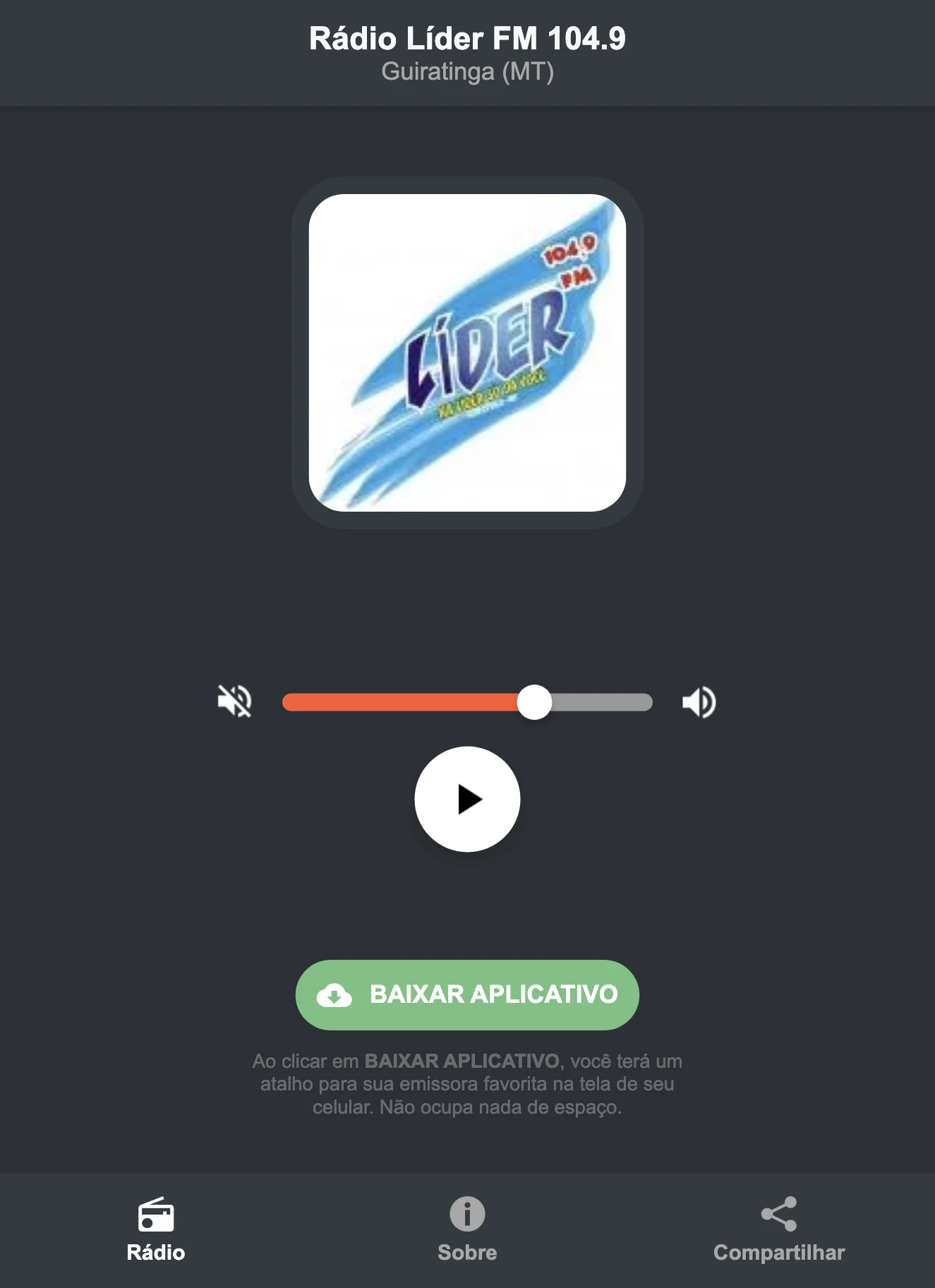 Screenshot do aplicativo da Rádio Líder FM 104.9