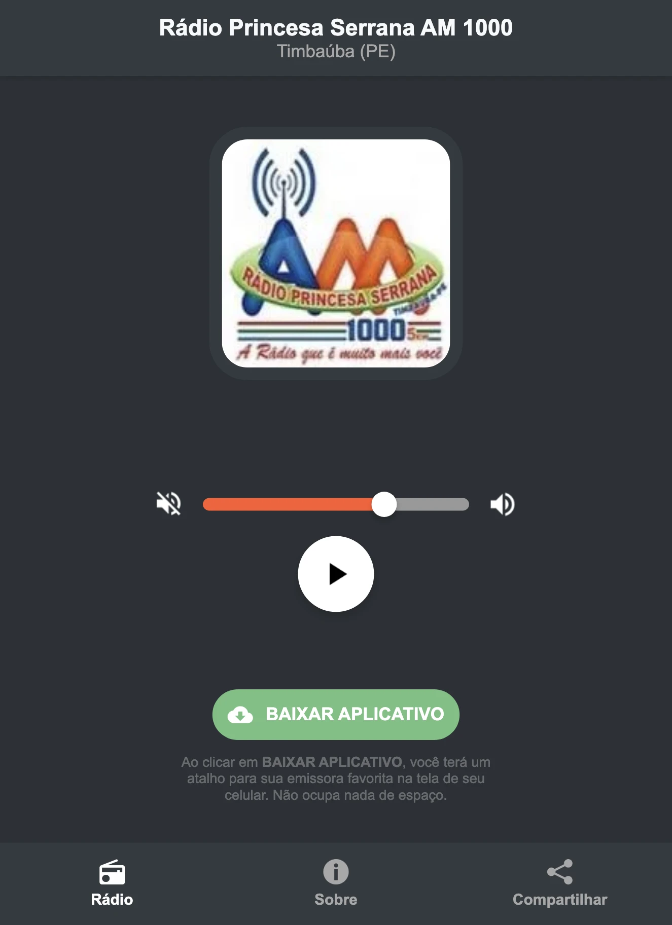 Screenshot do aplicativo da Rádio Princesa Serrana AM 1000