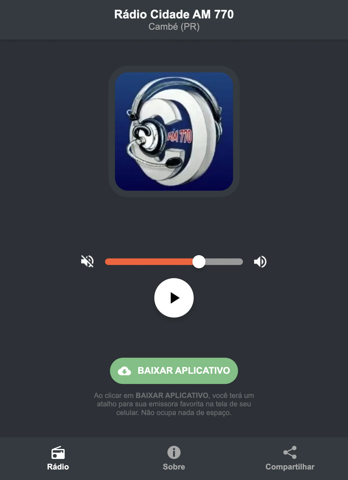 Screenshot do aplicativo da Rádio Cidade AM 770