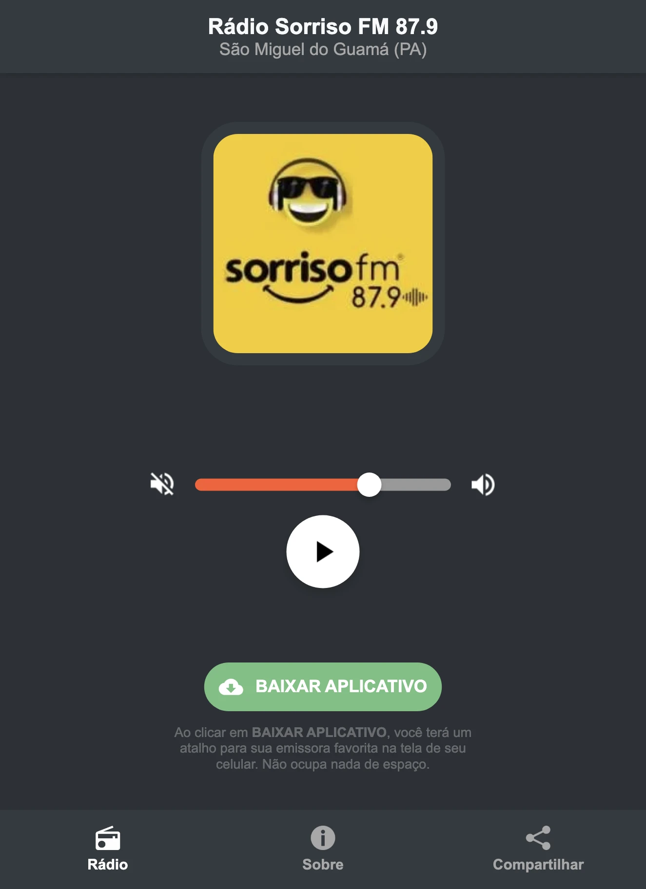 Screenshot do aplicativo da Rádio Sorriso FM 87.9