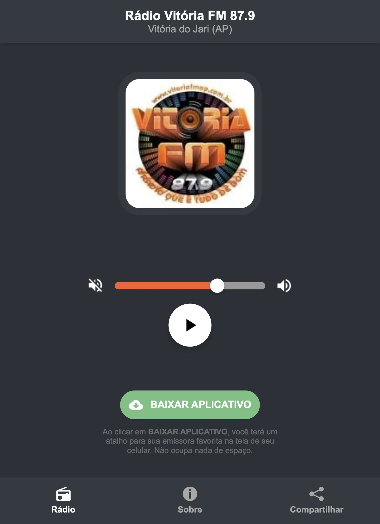 Screenshot do aplicativo da Rádio Vitória FM 87.9