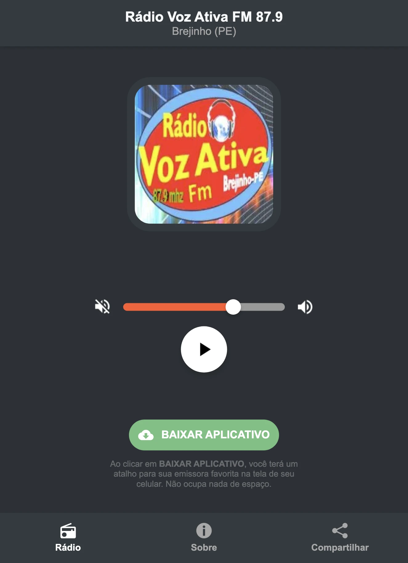 Screenshot do aplicativo da Rádio Voz Ativa FM 87.9