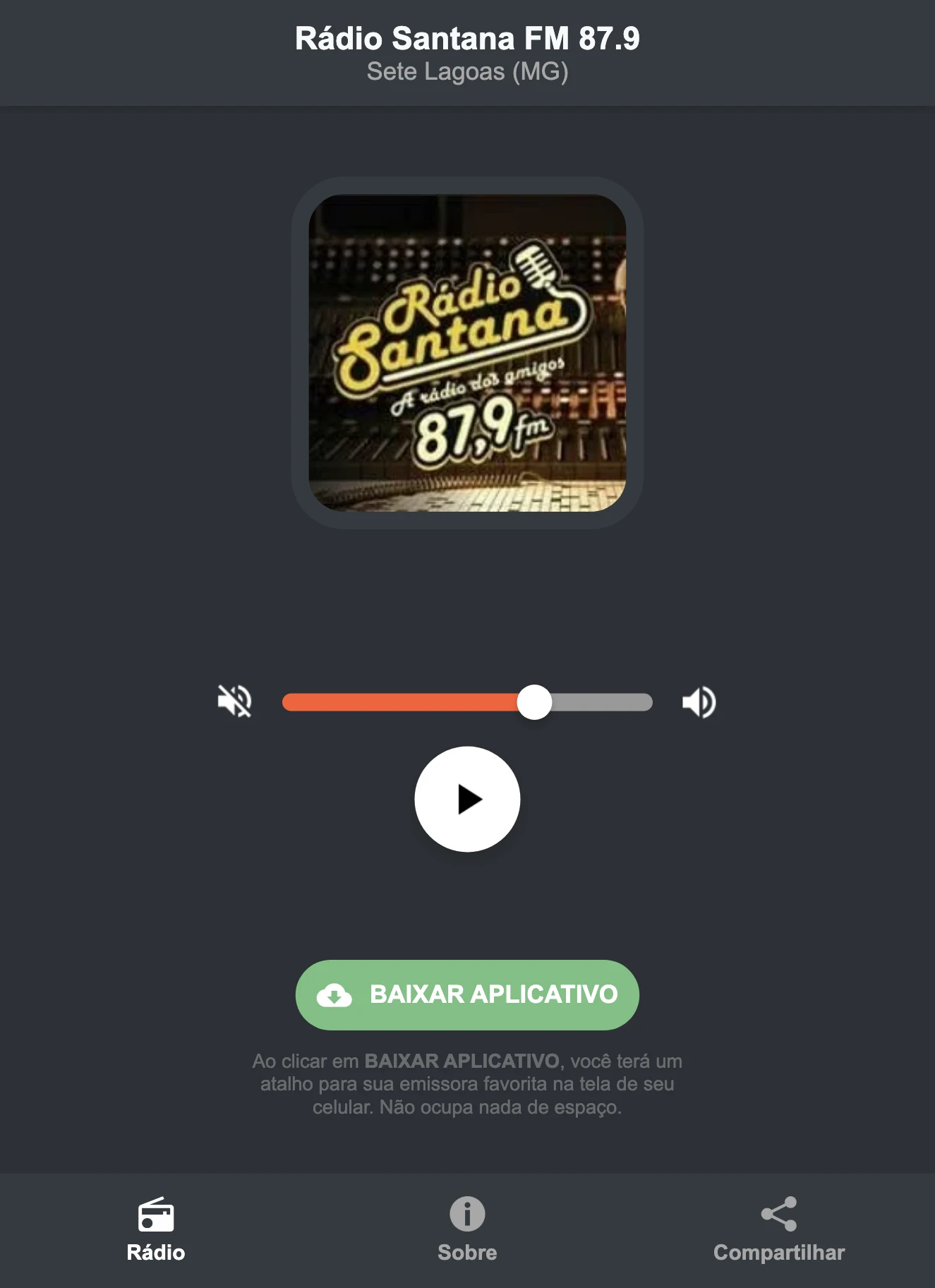 Screenshot do aplicativo da Rádio Santana FM 87.9