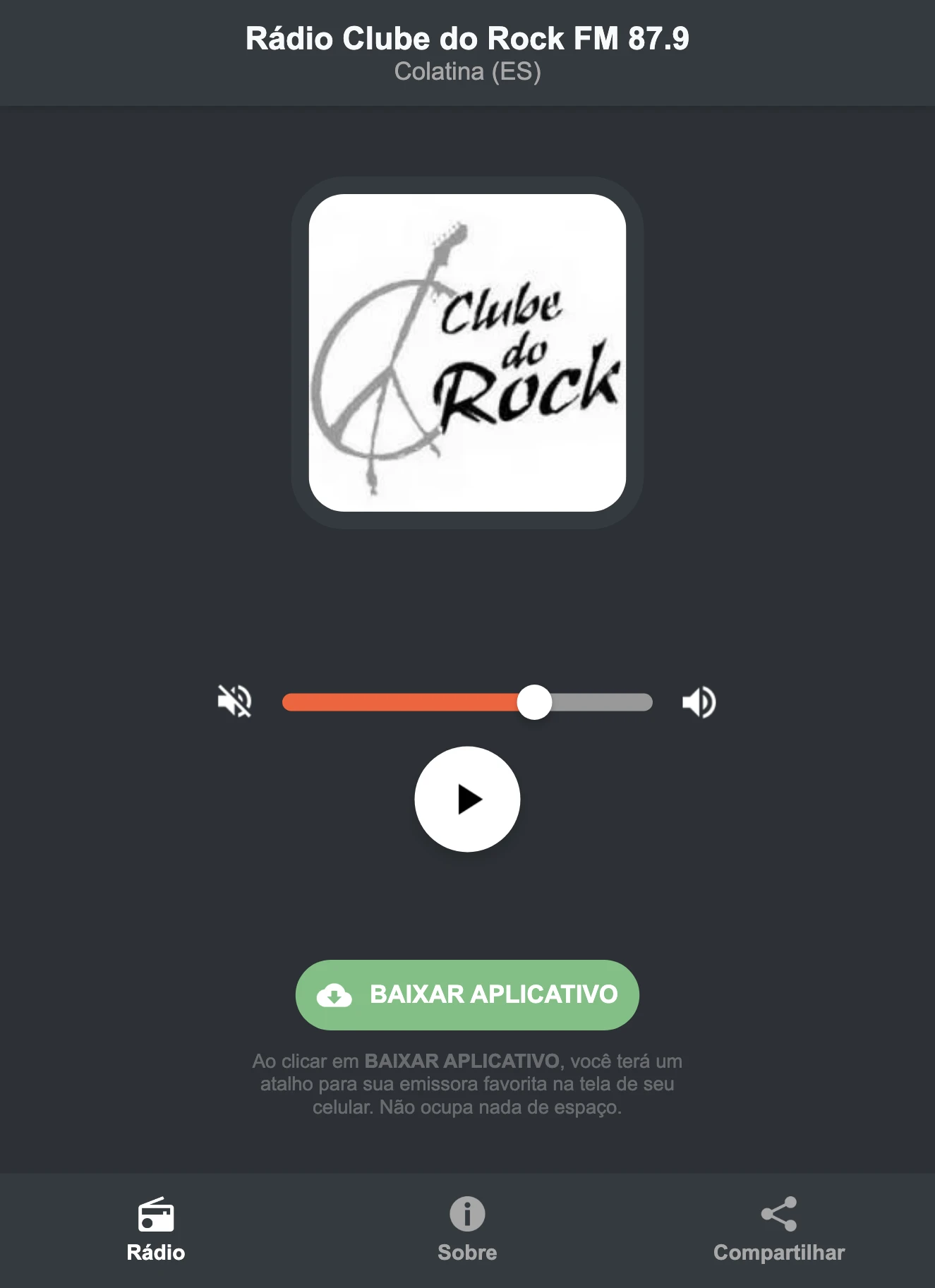 Screenshot do aplicativo da Rádio Clube do Rock FM 87.9