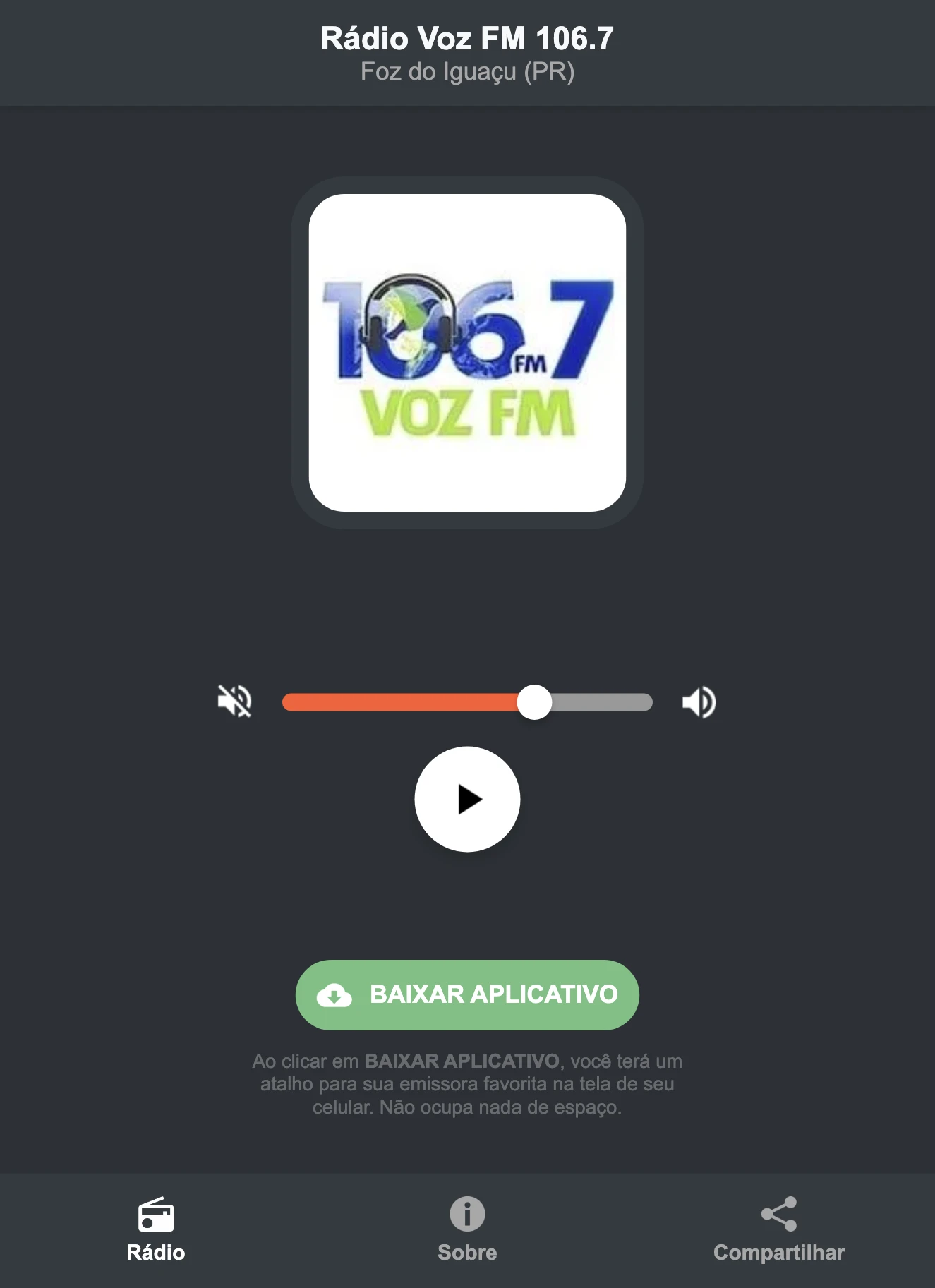 Screenshot do aplicativo da Rádio Voz FM 106.7