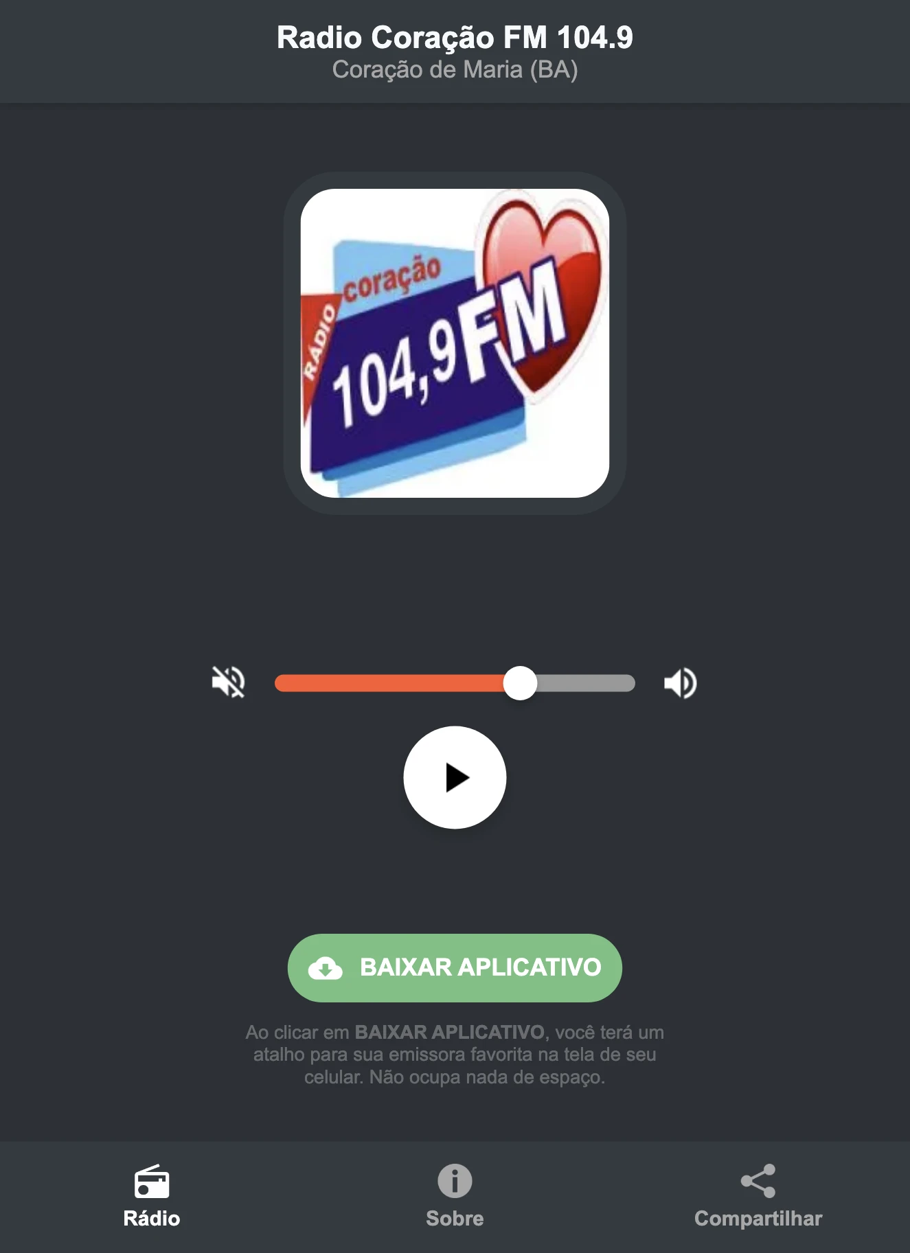 Screenshot do aplicativo da Radio Coração FM 104.9