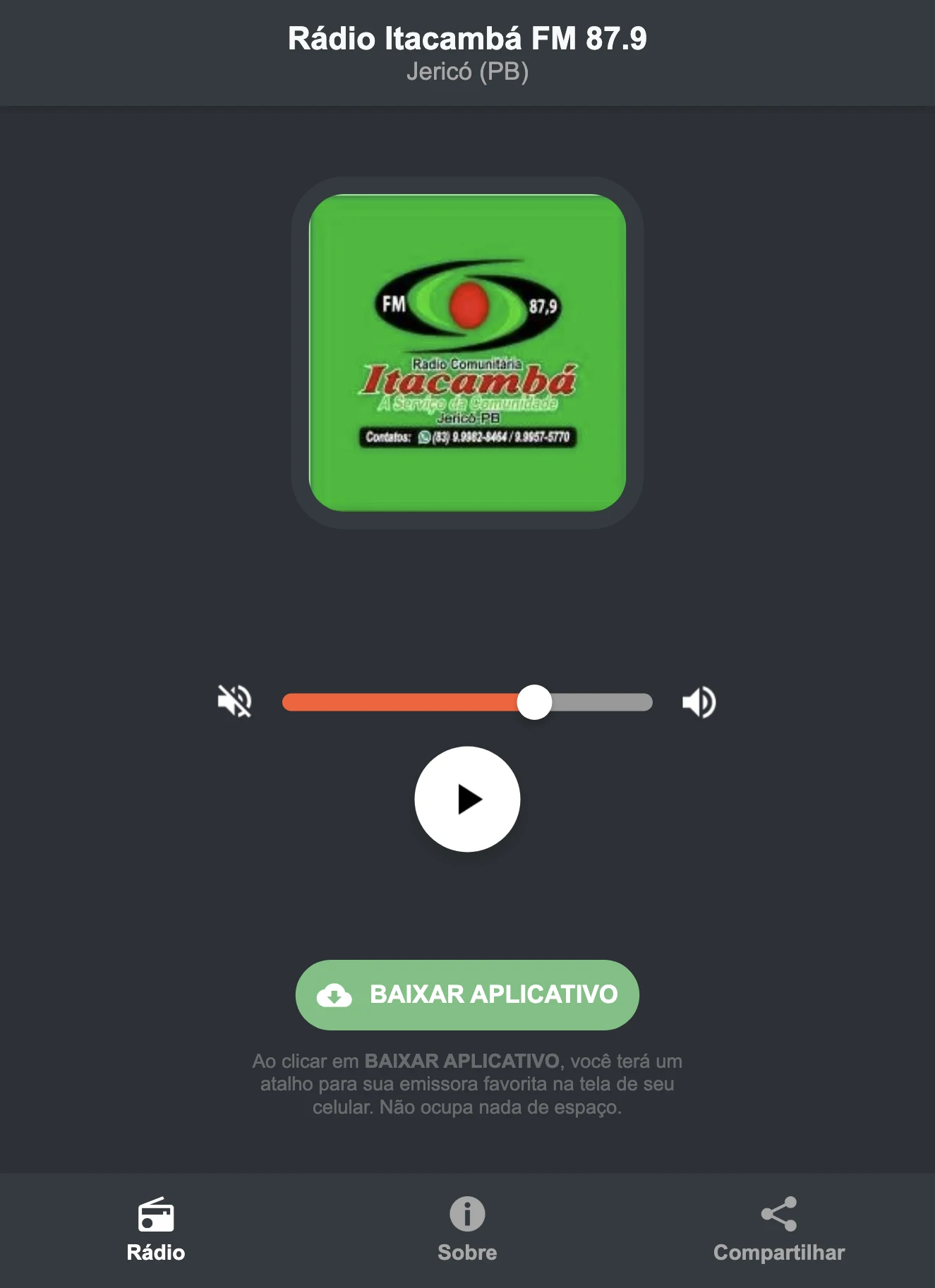 Screenshot do aplicativo da Rádio Itacambá FM 87.9