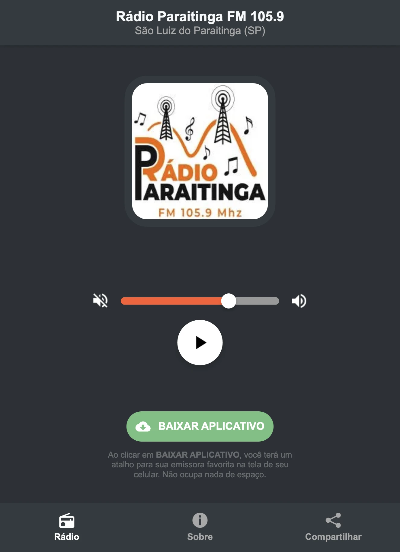 Screenshot do aplicativo da Rádio Paraitinga FM 105.9