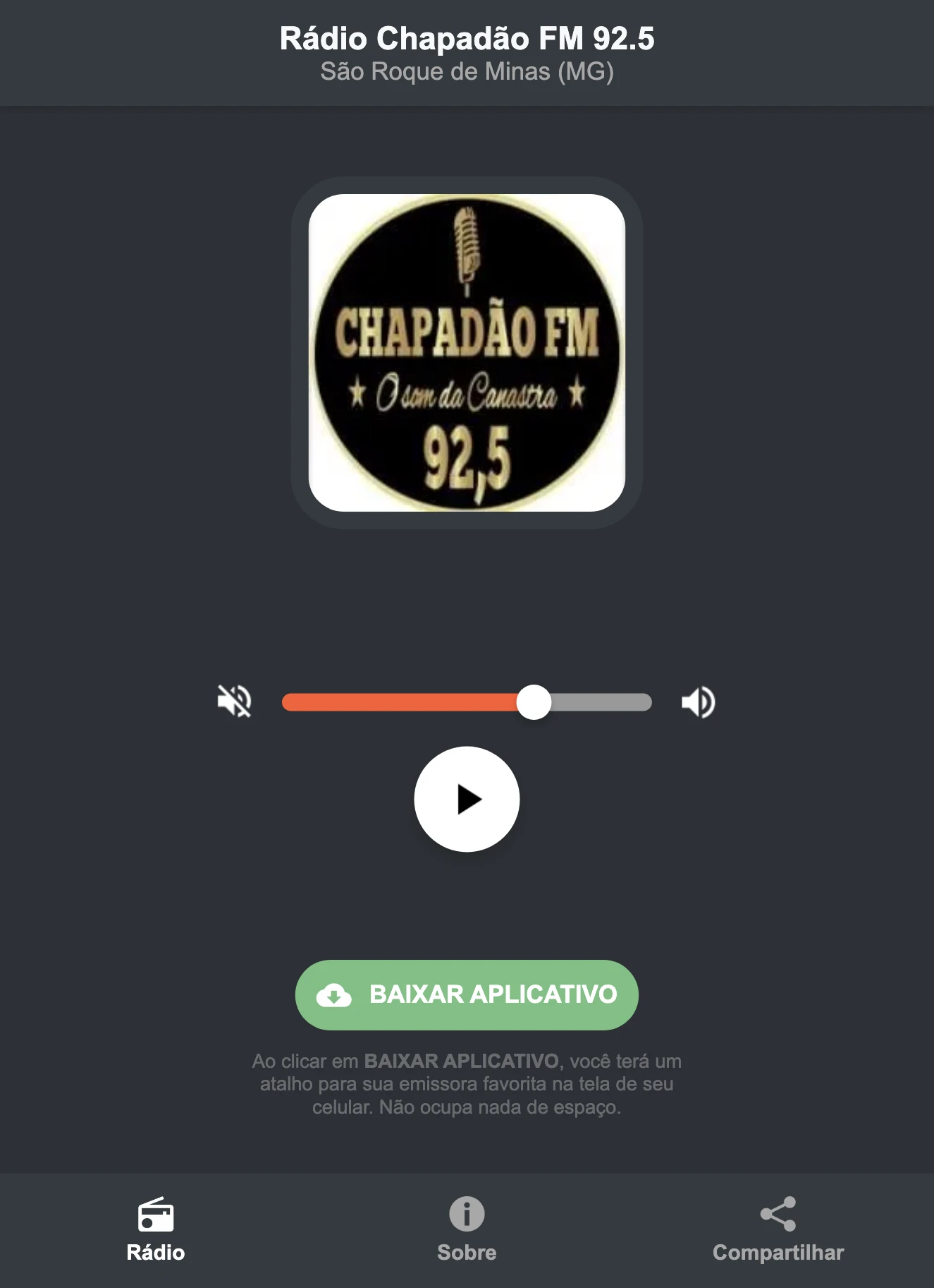 Screenshot do aplicativo da Rádio Chapadão FM 92.5