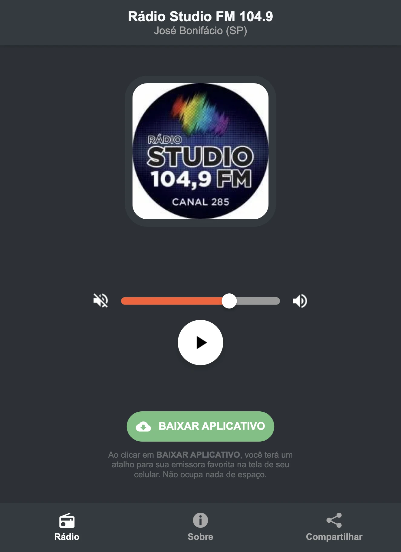 Screenshot do aplicativo da Rádio Studio FM 104.9
