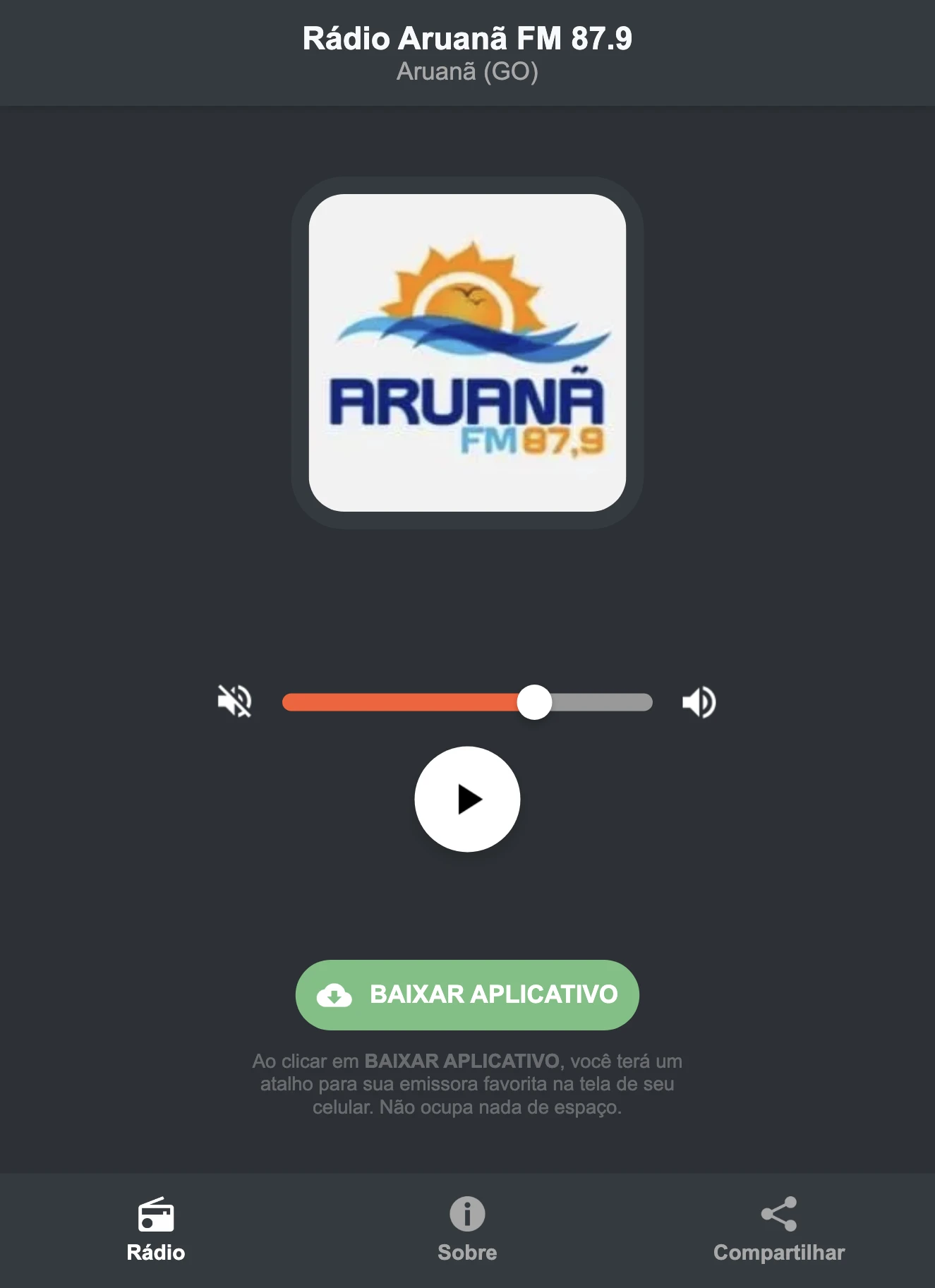Screenshot do aplicativo da Rádio Aruanã FM 87.9