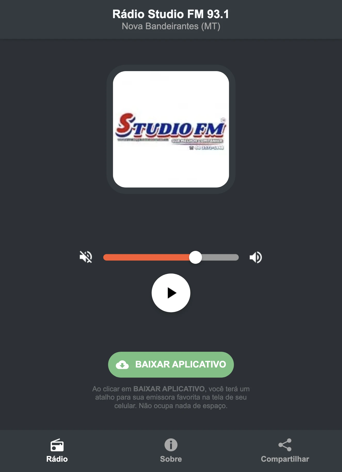 Screenshot do aplicativo da Rádio Studio FM 93.1