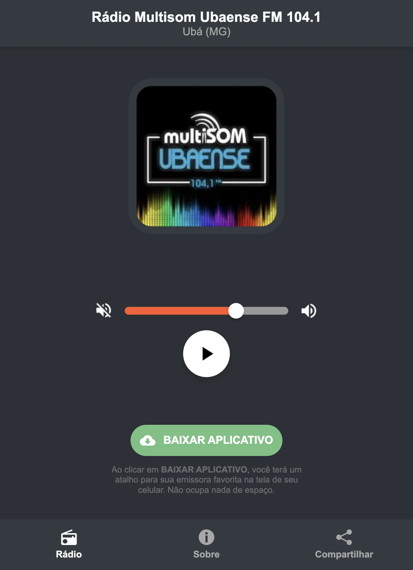 Screenshot do aplicativo da Rádio Multisom Ubaense FM 104.1