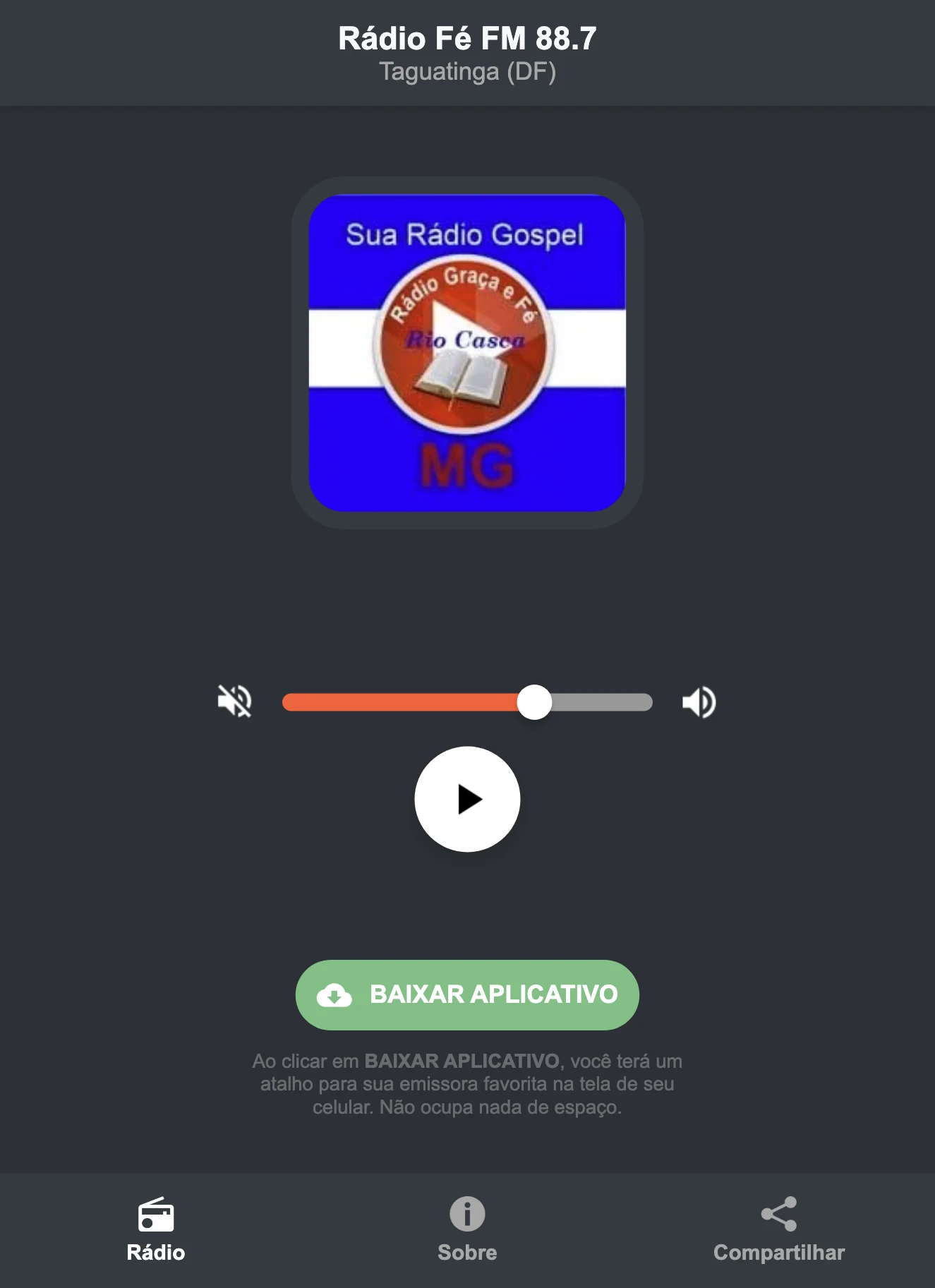 Screenshot do aplicativo da Rádio Fé FM 88.7