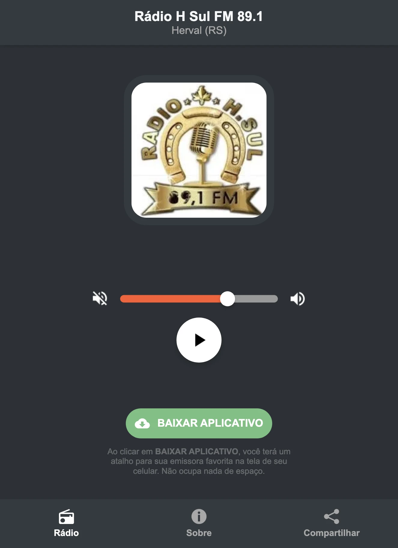 Screenshot do aplicativo da Rádio H Sul FM 89.1