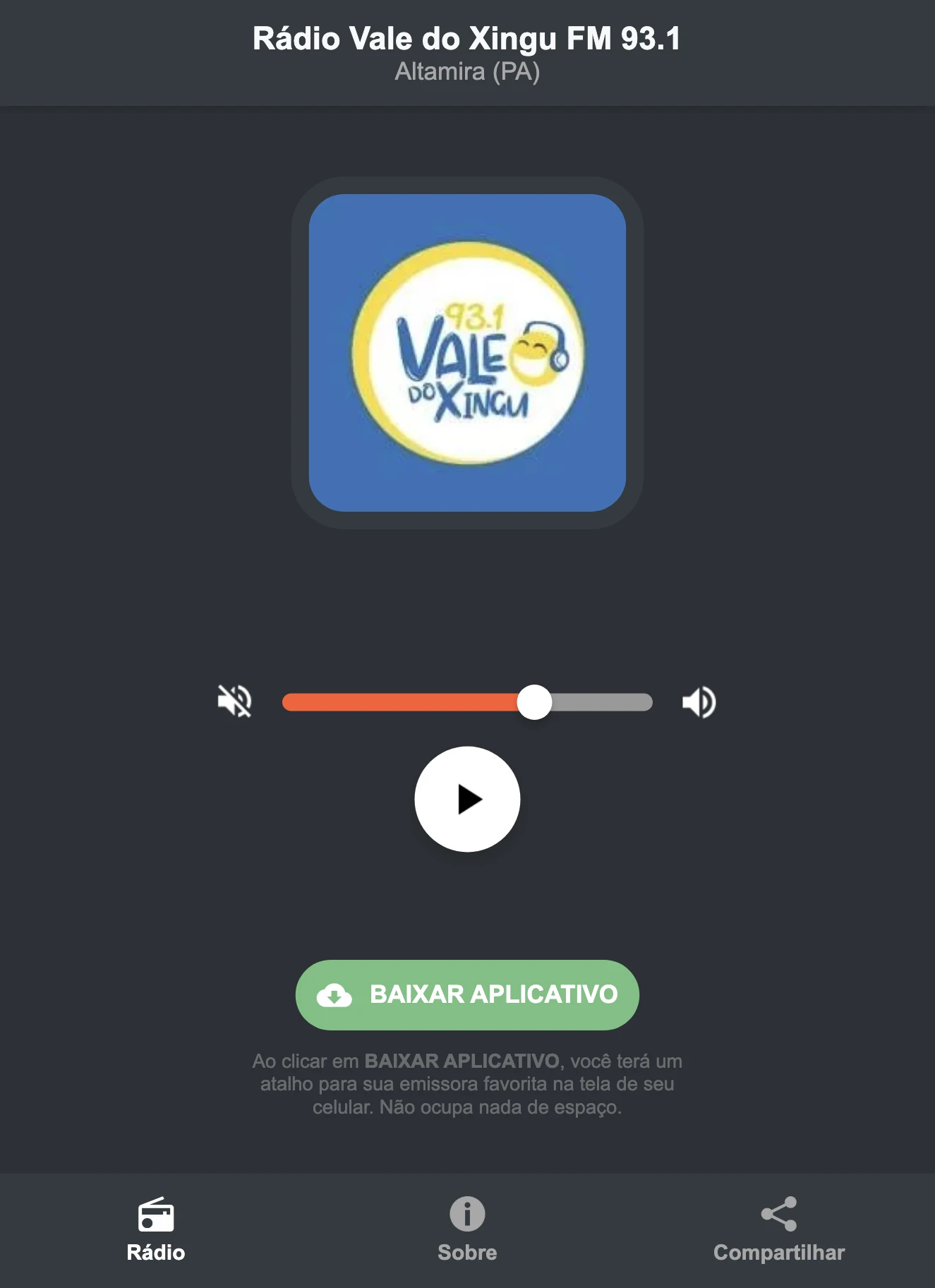 Screenshot do aplicativo da Rádio Vale do Xingu FM 93.1