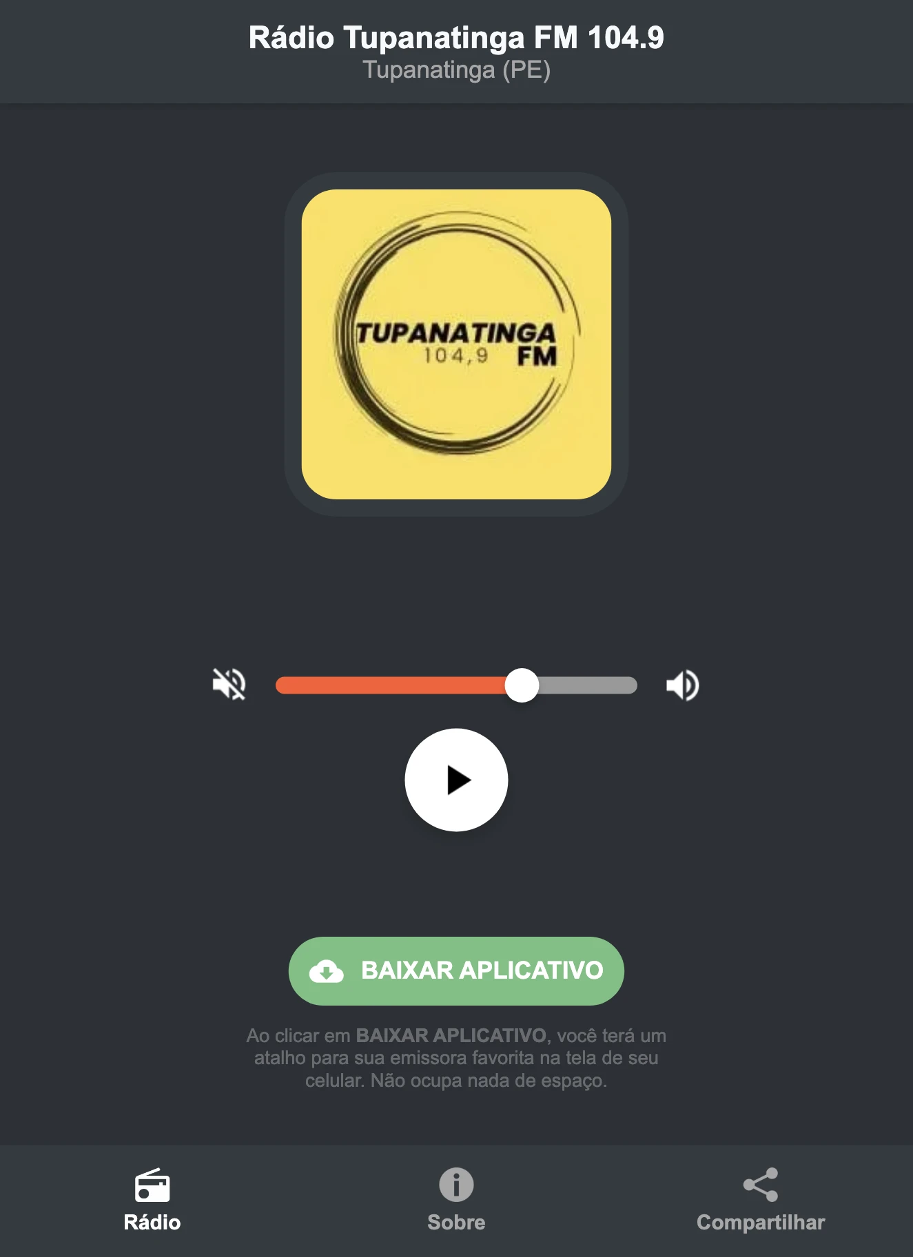 Screenshot do aplicativo da Rádio Tupanatinga FM 104.9