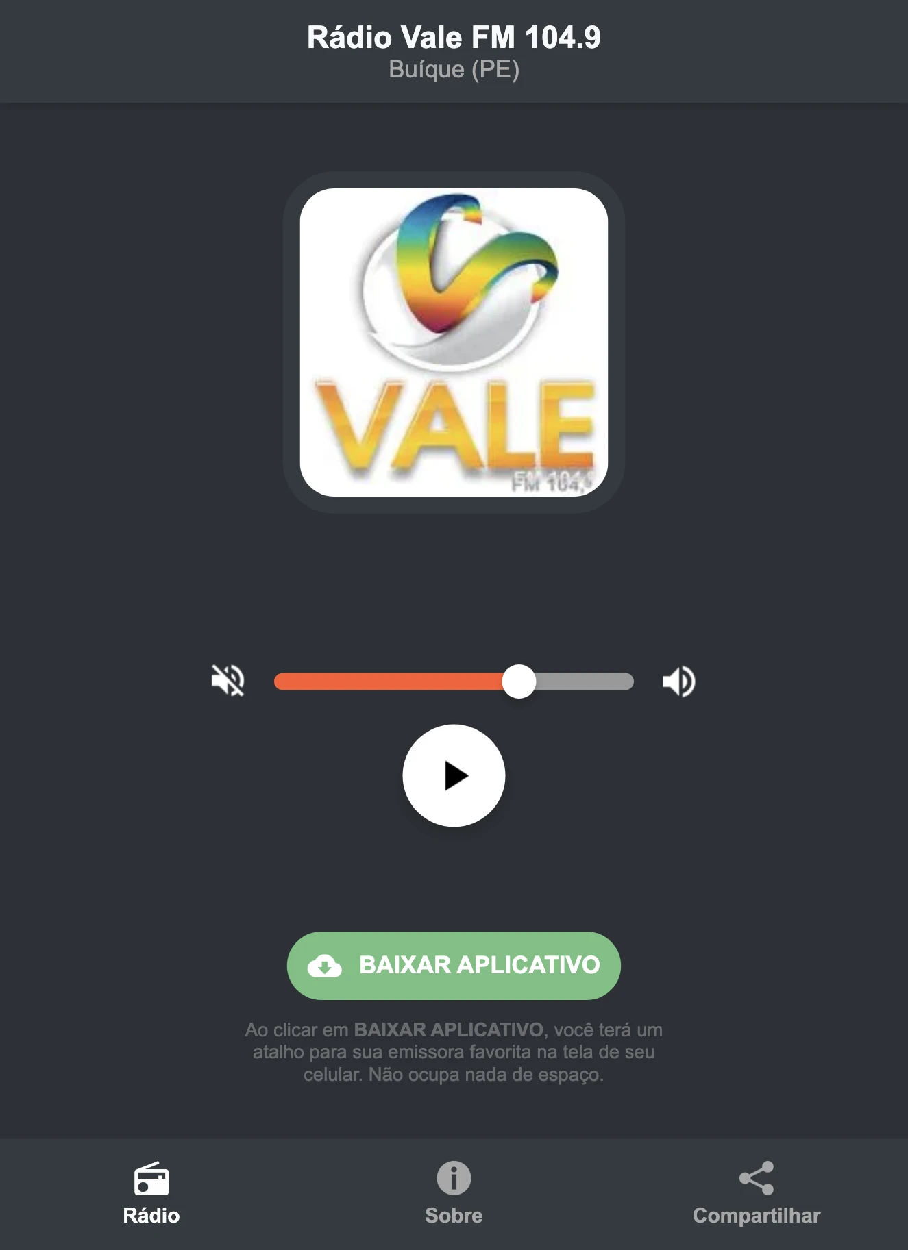 Screenshot do aplicativo da Rádio Vale FM 104.9