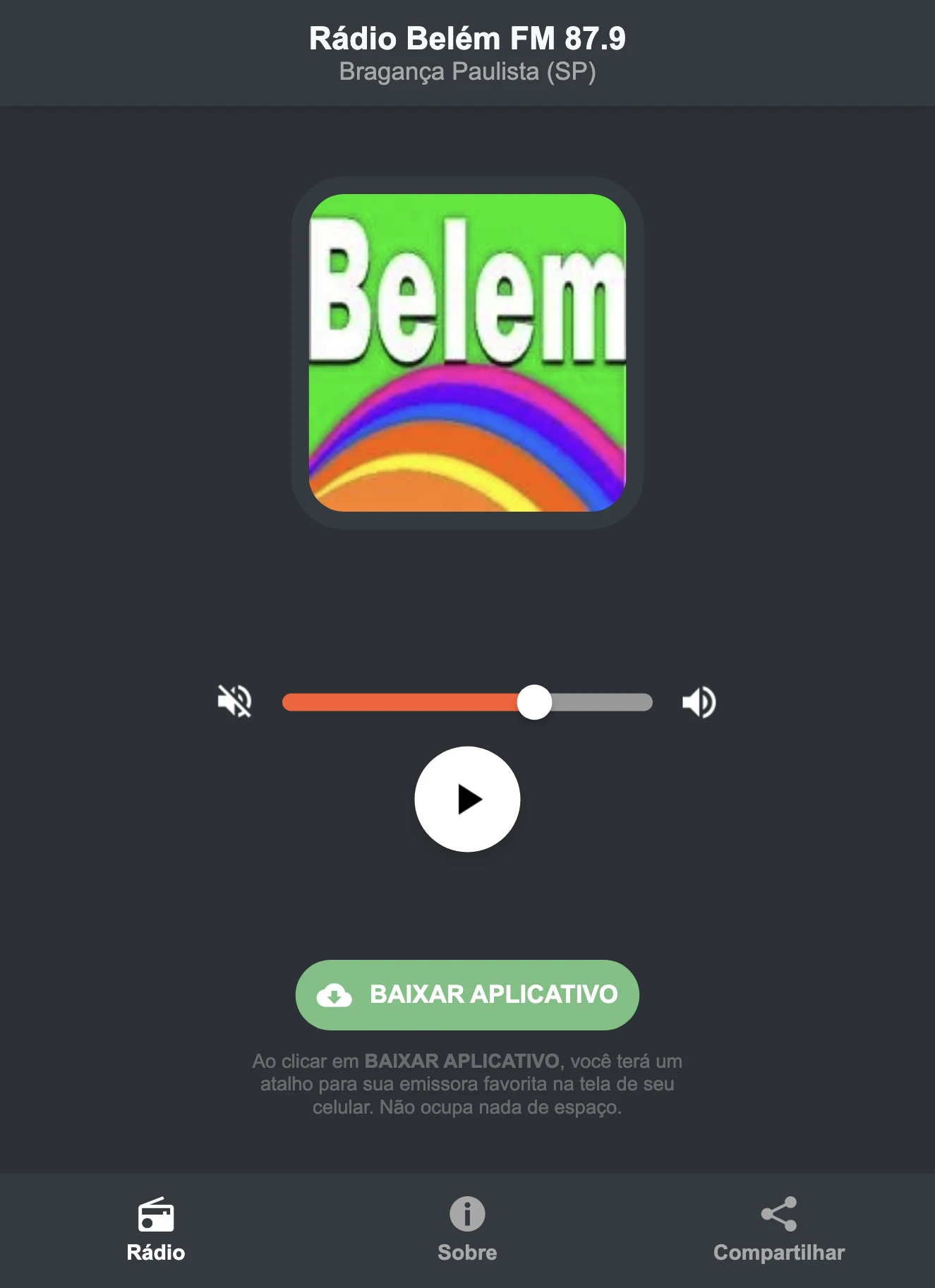 Screenshot do aplicativo da Rádio Belém FM 87.9