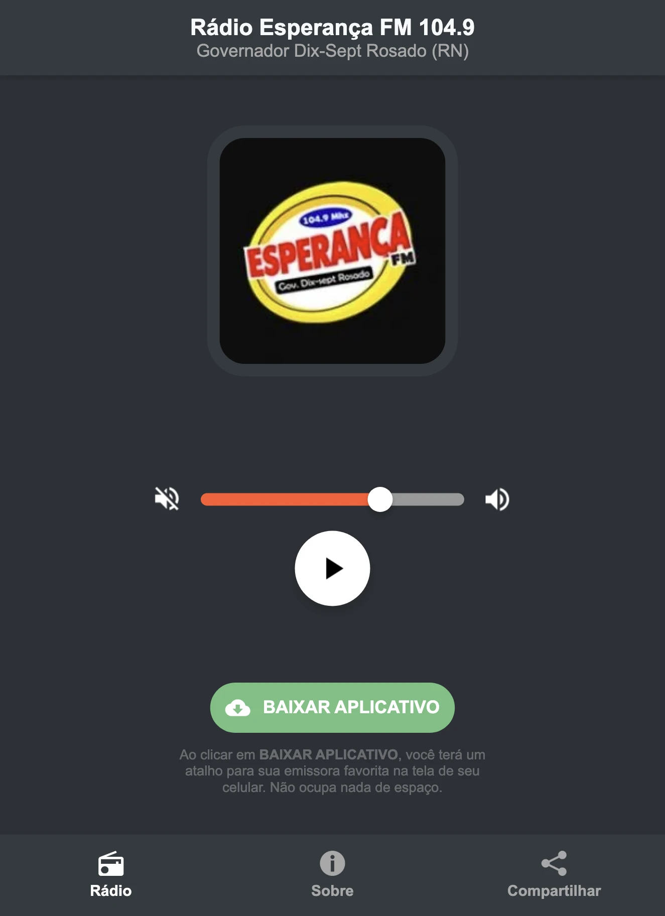 Screenshot do aplicativo da Rádio Esperança FM 104.9