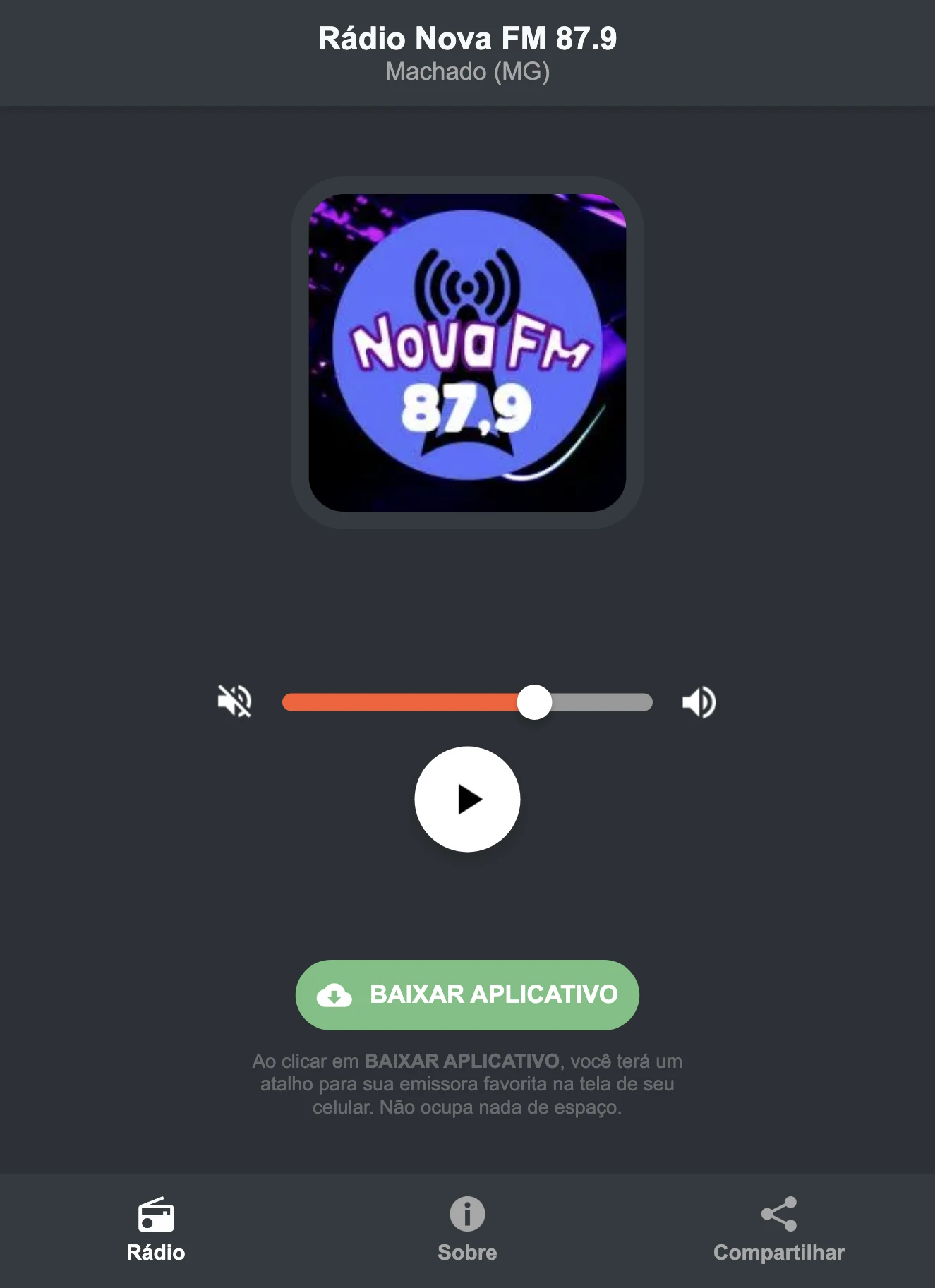 Screenshot do aplicativo da Rádio Nova FM 87.9