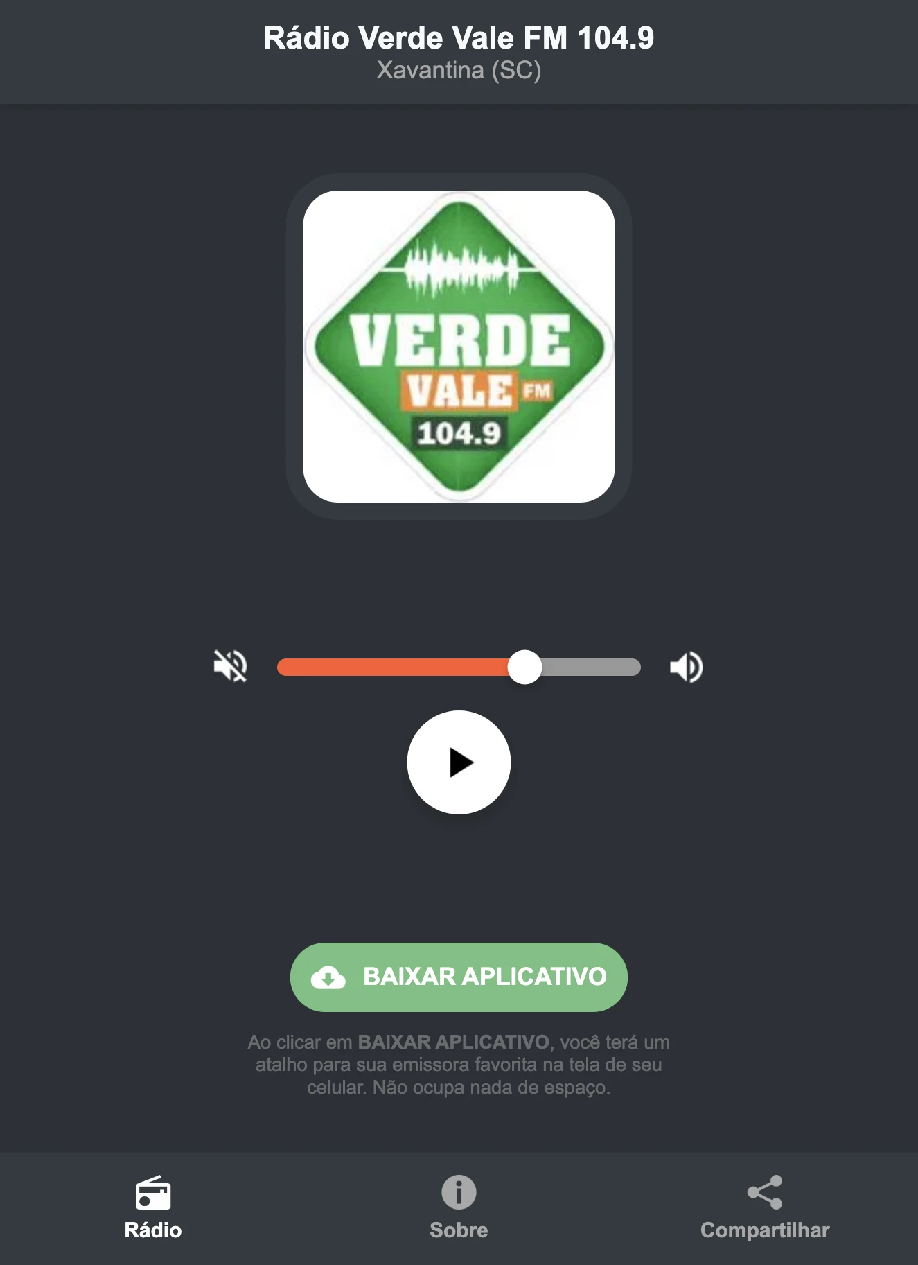 Screenshot do aplicativo da Rádio Verde Vale FM 104.9