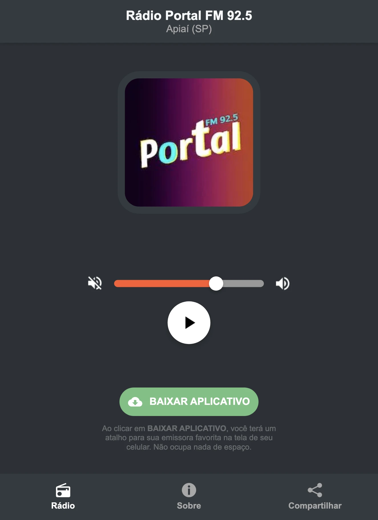 Screenshot do aplicativo da Rádio Portal FM 92.5