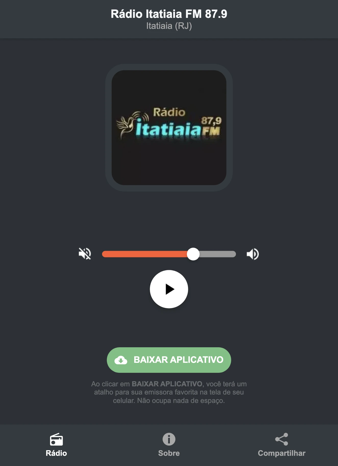 Screenshot do aplicativo da Rádio Itatiaia FM 87.9