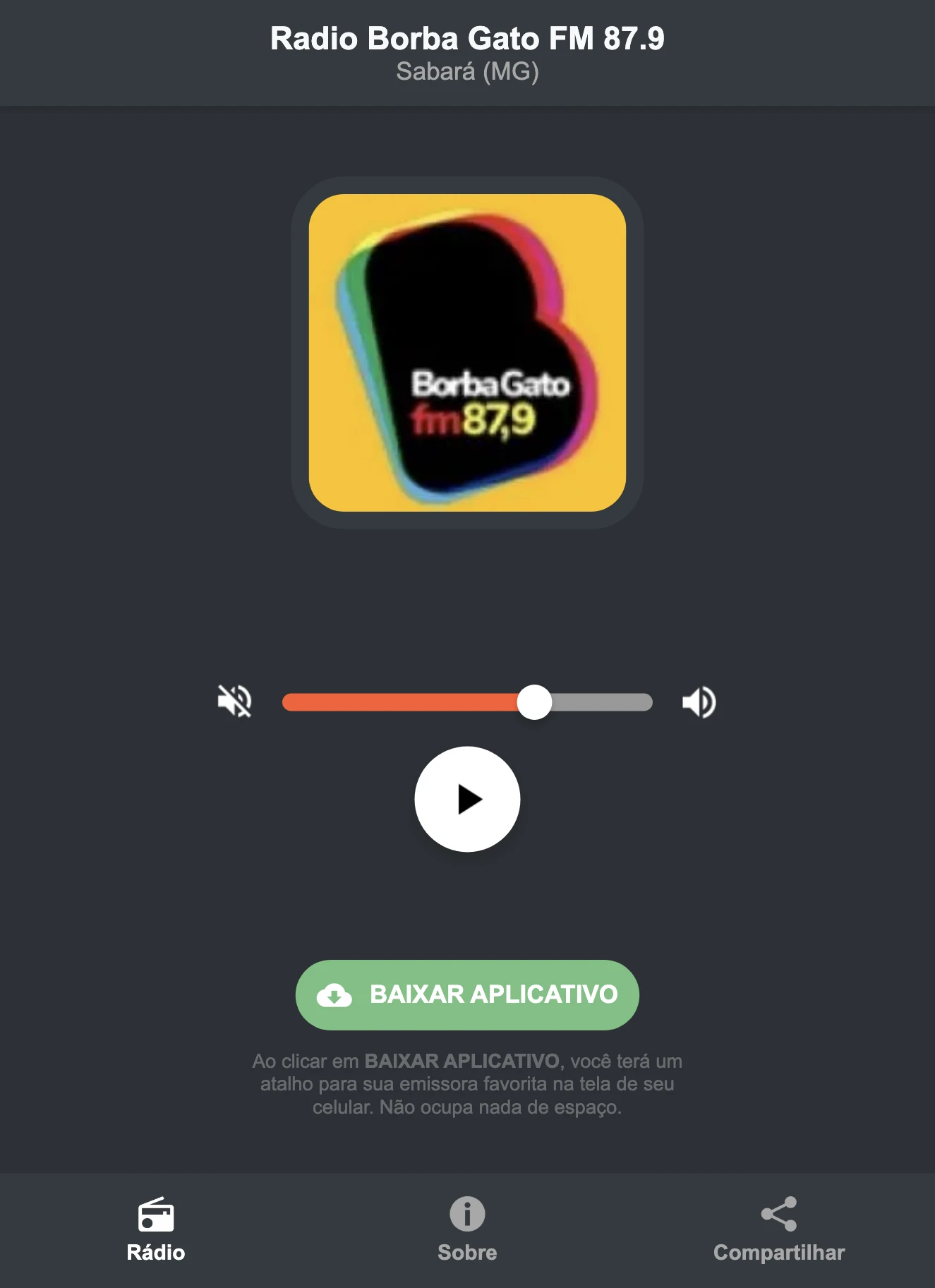 Screenshot do aplicativo da Radio Borba Gato FM 87.9