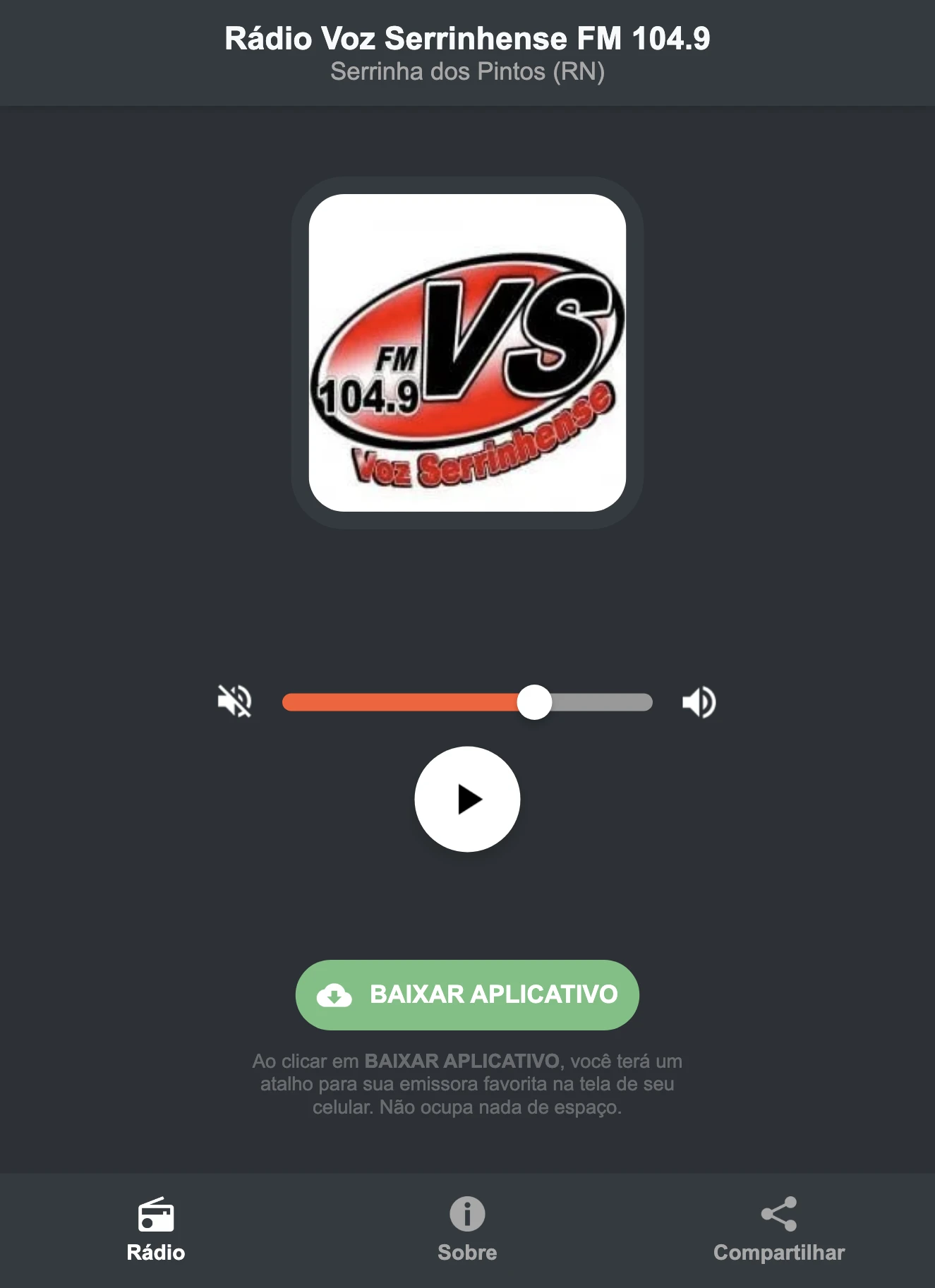 Screenshot do aplicativo da Rádio Voz Serrinhense FM 104.9