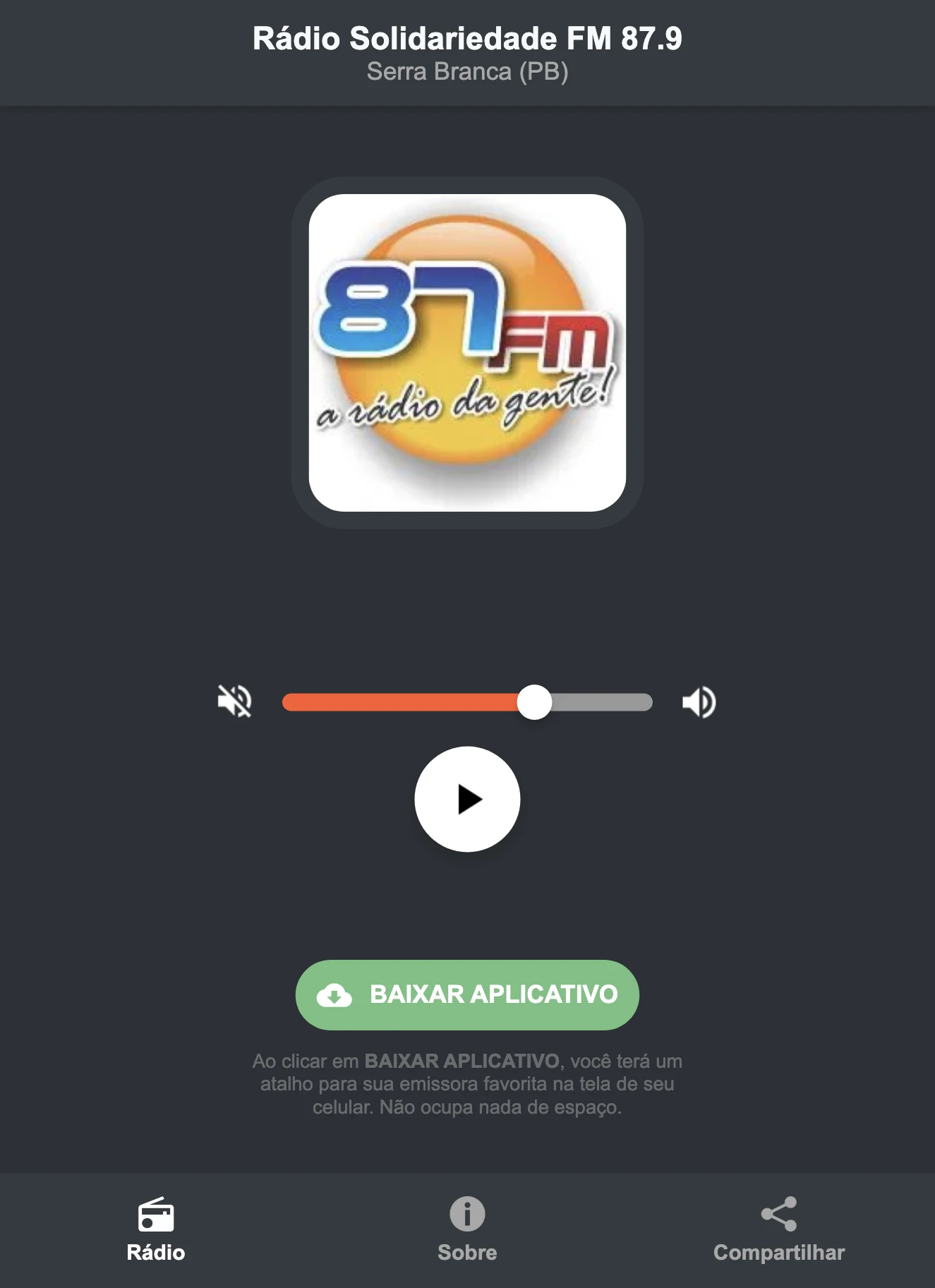 Screenshot do aplicativo da Rádio Solidariedade FM 87.9