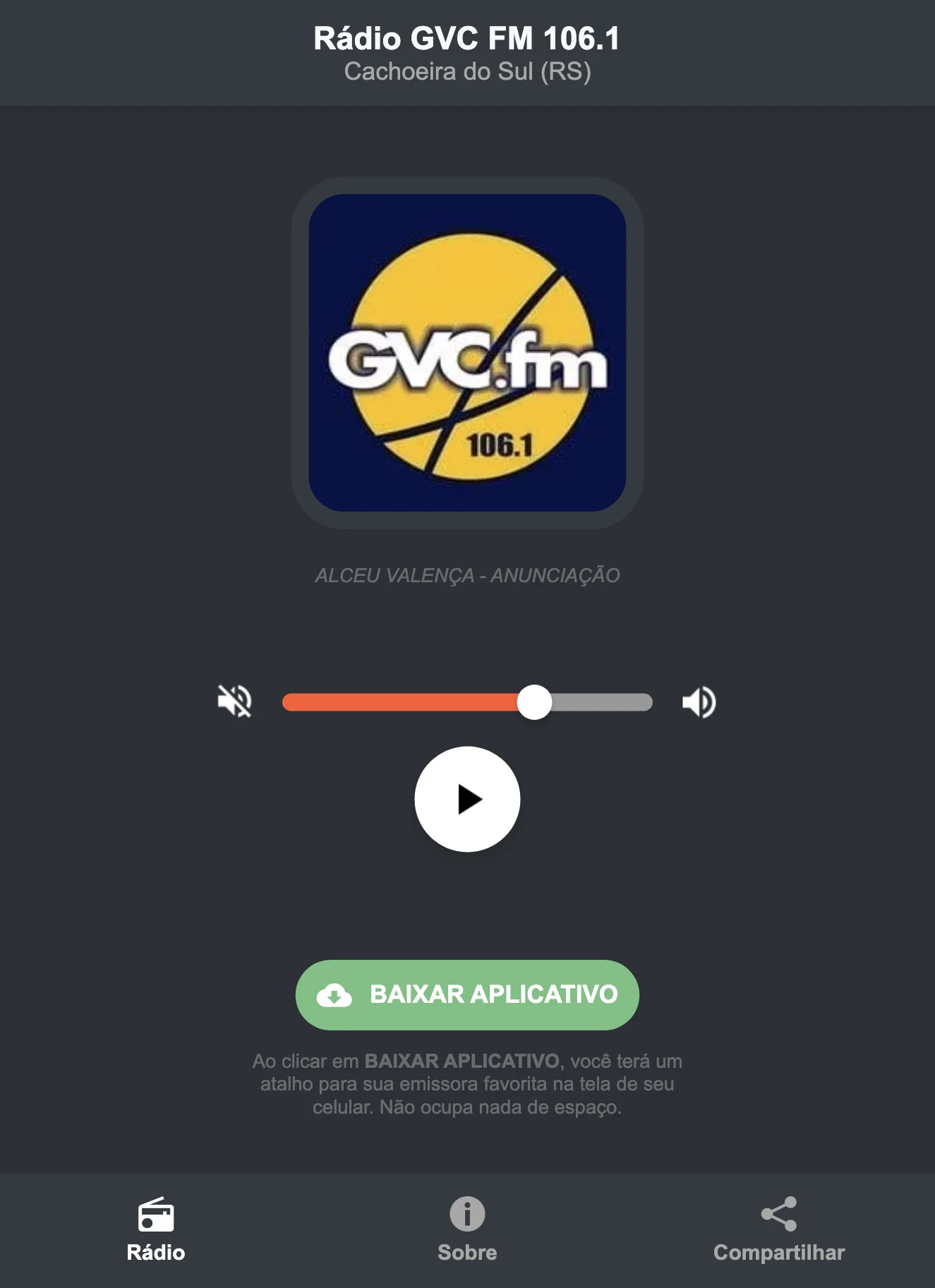 Screenshot do aplicativo da Rádio GVC FM 106.1
