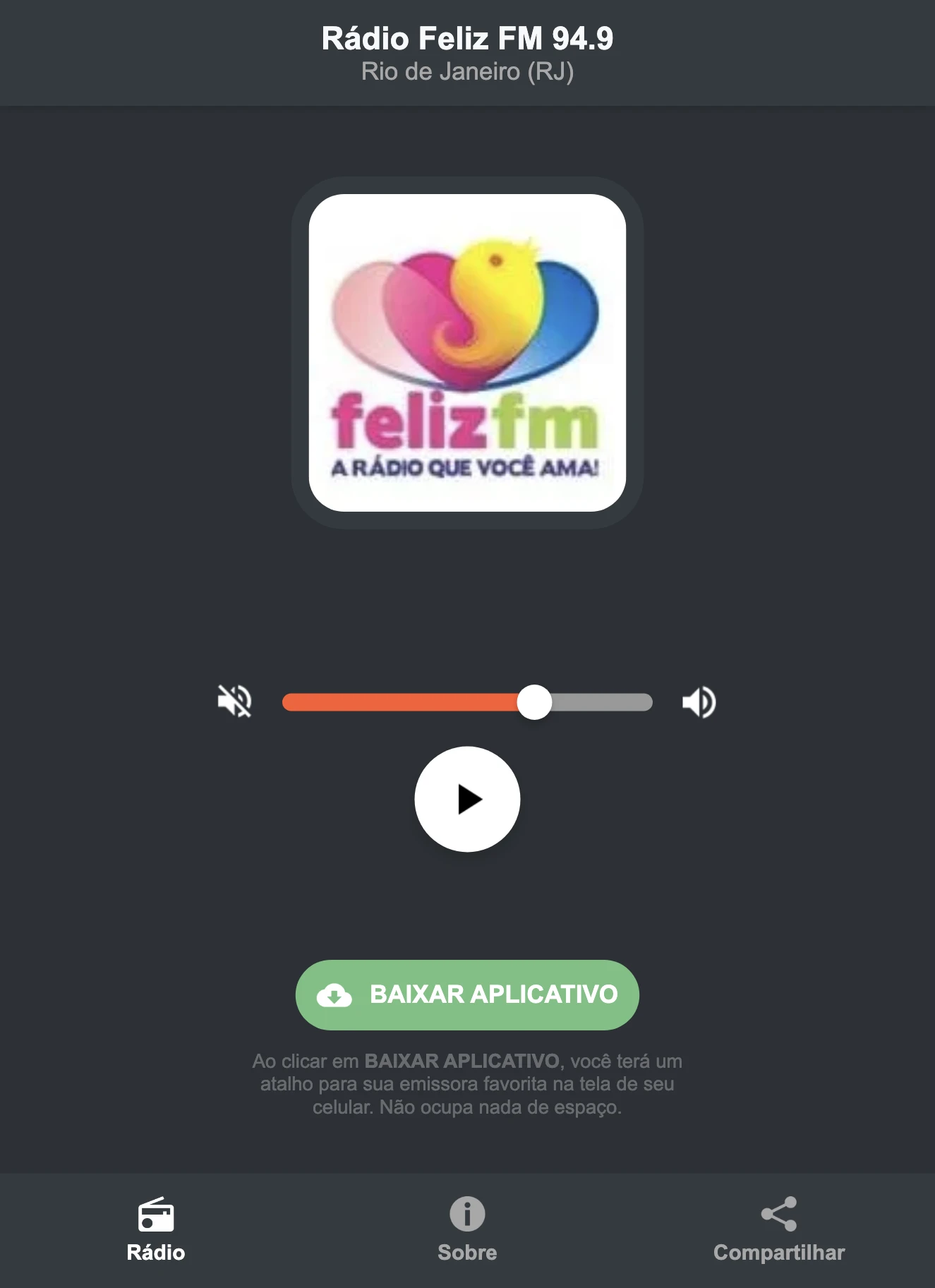 Screenshot do aplicativo da Rádio Feliz FM 94.9
