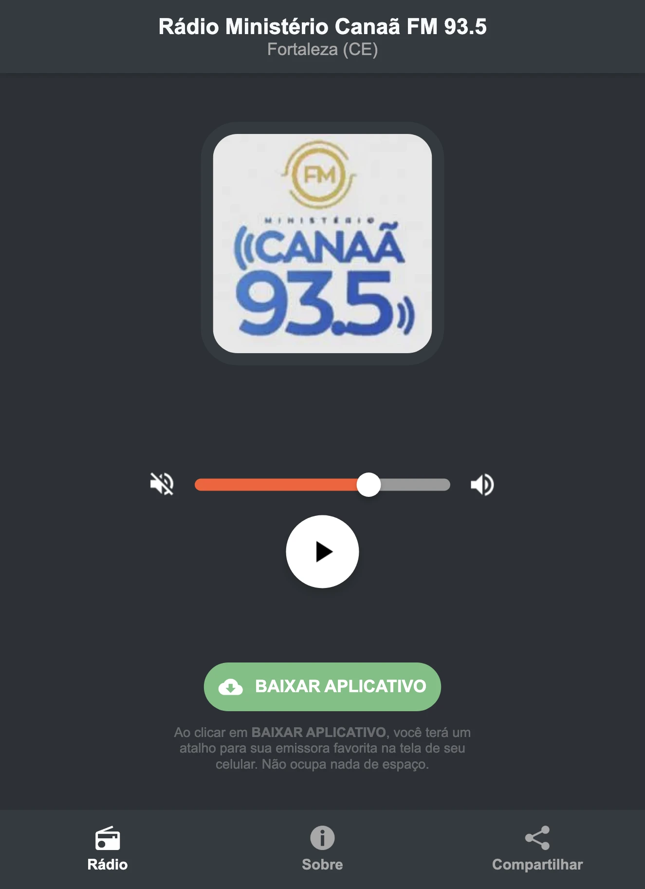 Screenshot do aplicativo da Rádio Ministério Canaã FM 93.5