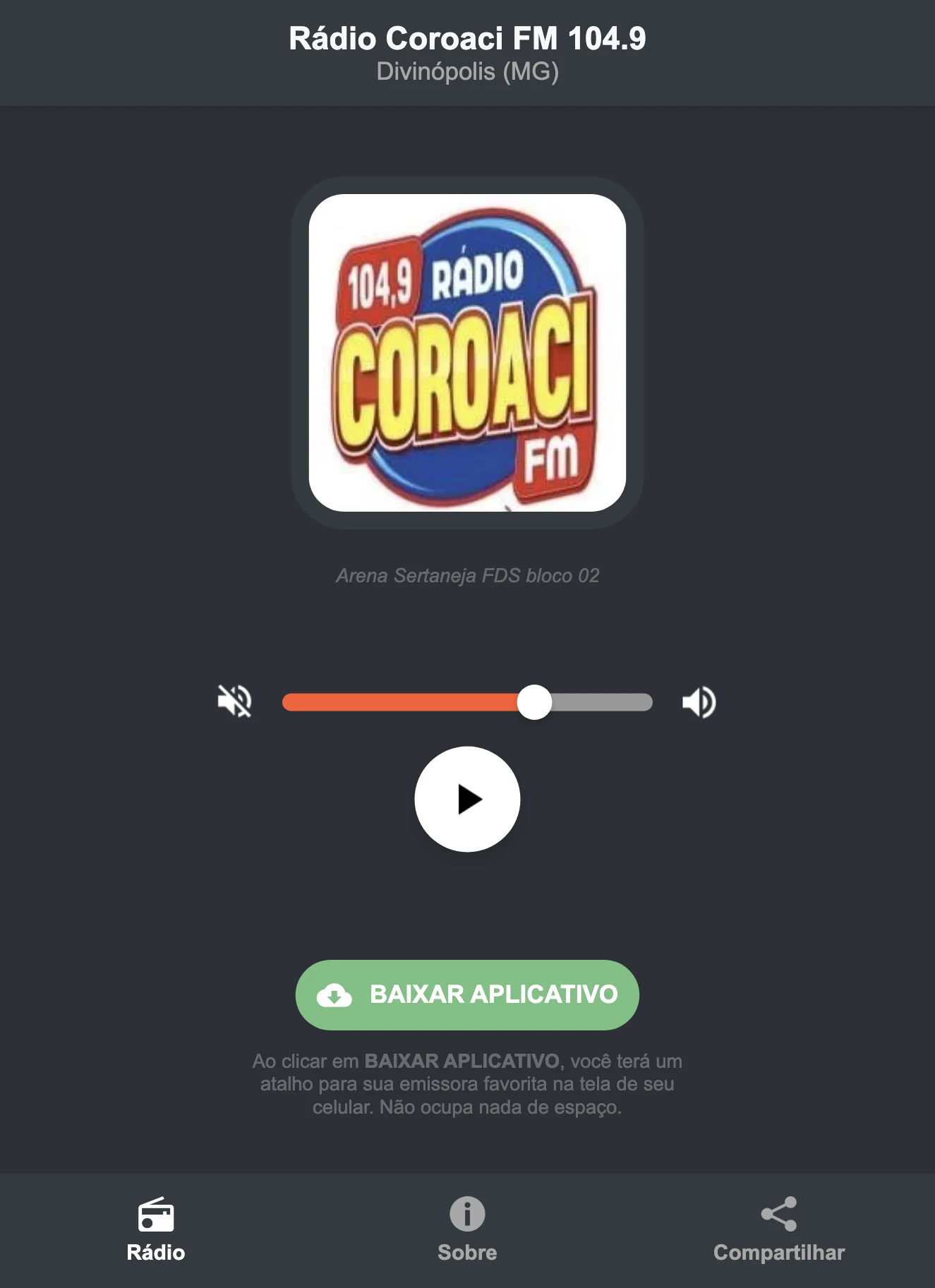 Screenshot do aplicativo da Rádio Coroaci FM 104.9
