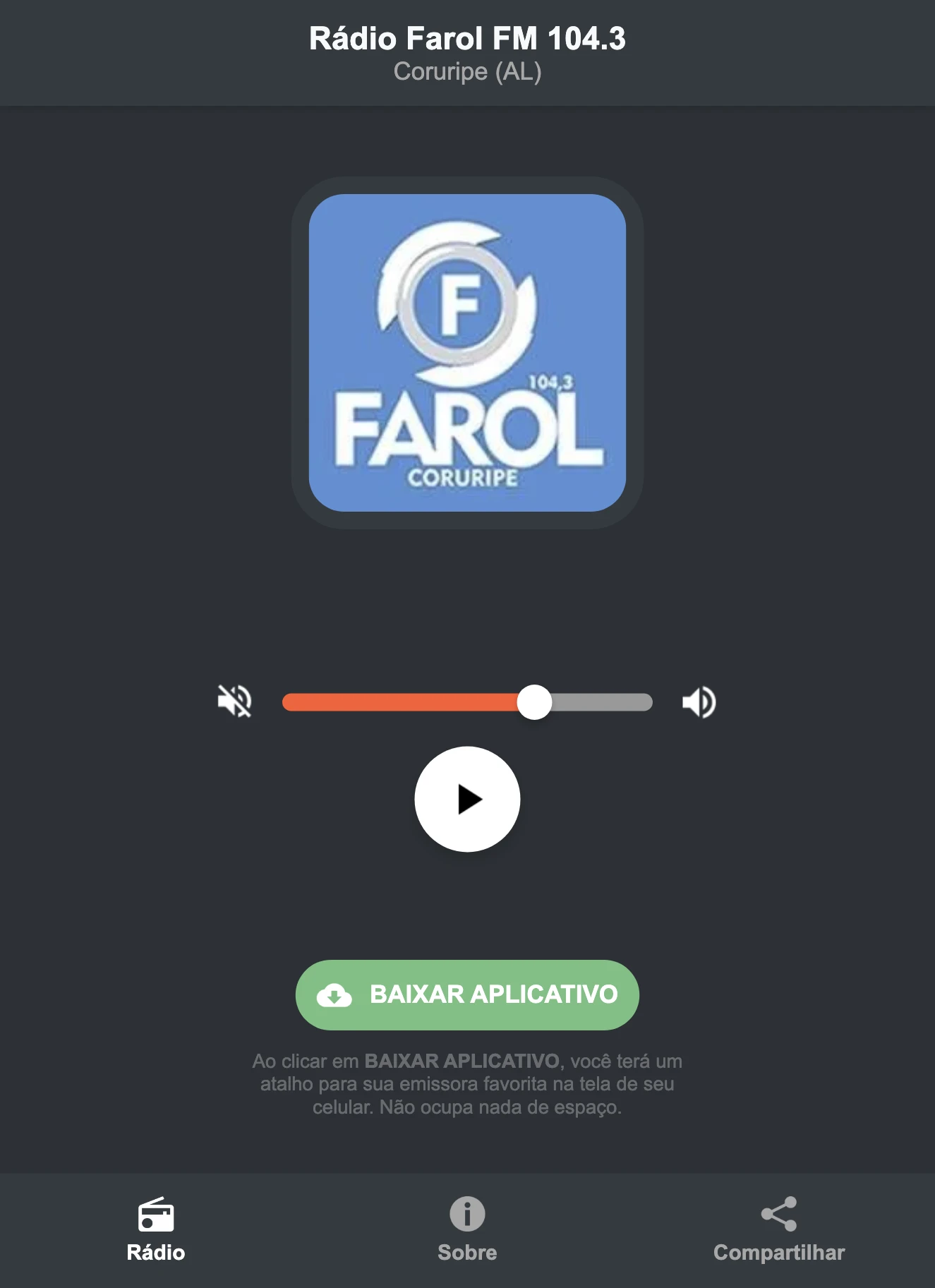 Screenshot do aplicativo da Rádio Farol FM 104.3
