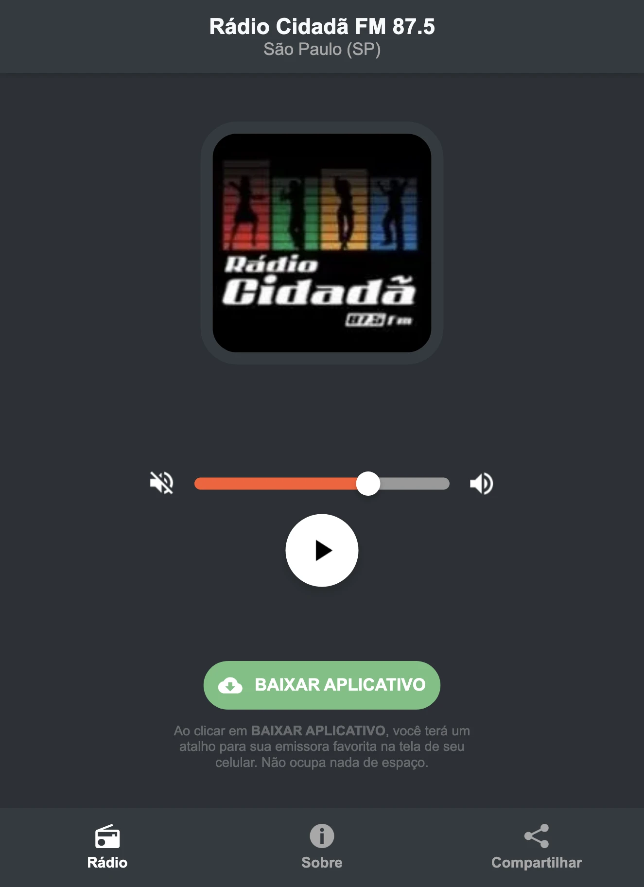 Screenshot do aplicativo da Rádio Cidadã FM 87.5