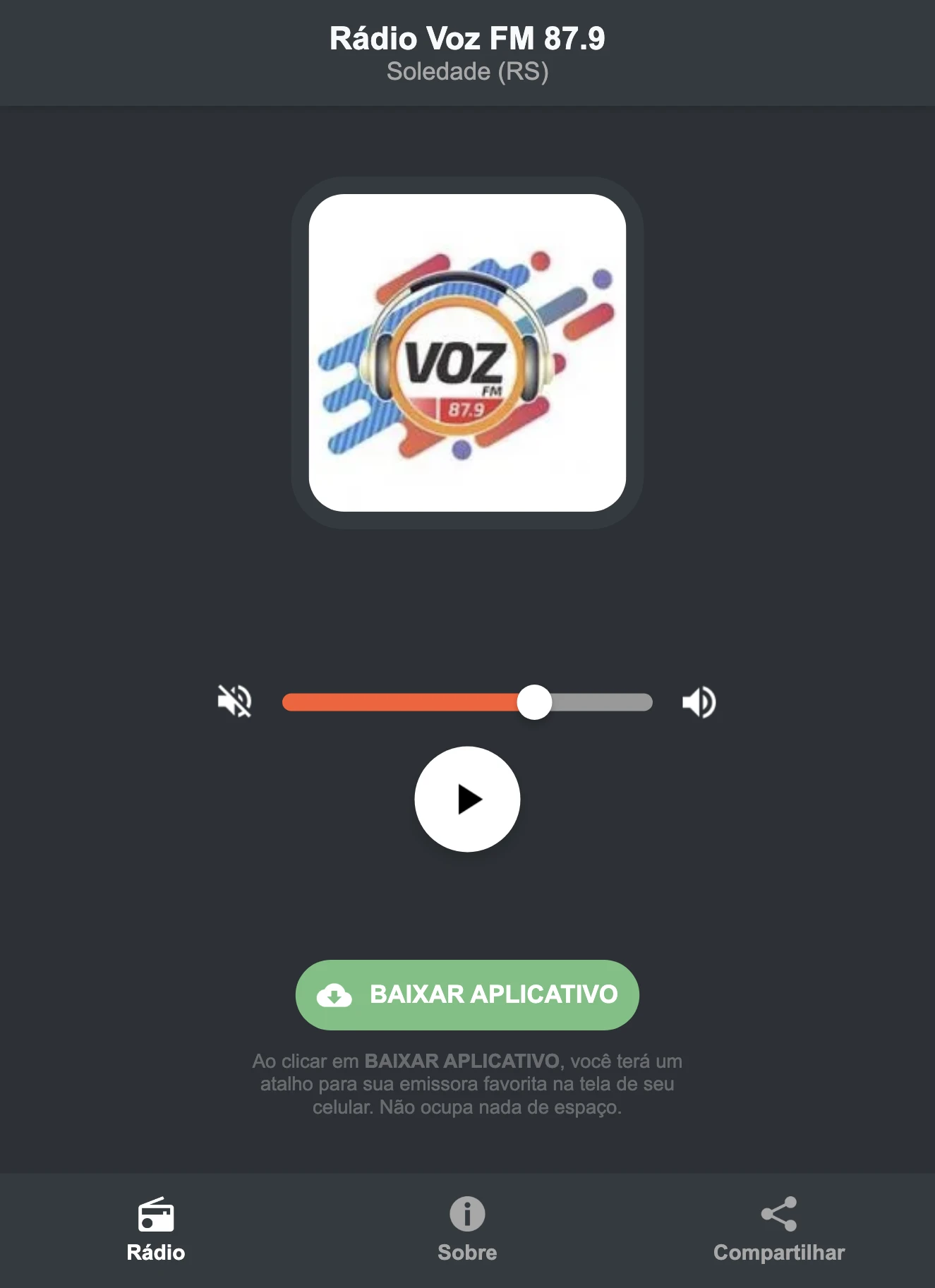 Screenshot do aplicativo da Rádio Voz FM 87.9